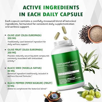 Olive Leaf & Olive Fruit Capsules with Black Seed and Black Pepper, Daily Wellness Support, 150 Count