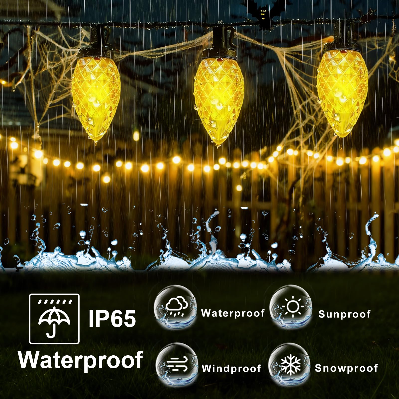 C9 - Guirnalda de luces LED de Navidad alimentadas por energía solar, 50 luces LED impermeables de fresa con 8 modos de iluminación de alambre verde para decoración de patio exterior, boda