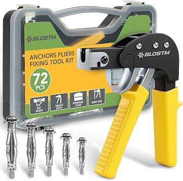 BLOSTM 72 PCS Hollow Wall Fixings - Heavy Duty Plasterboard Fixings & Wall Anchor Setting Tool Rivet Gun Set with Carry Case
