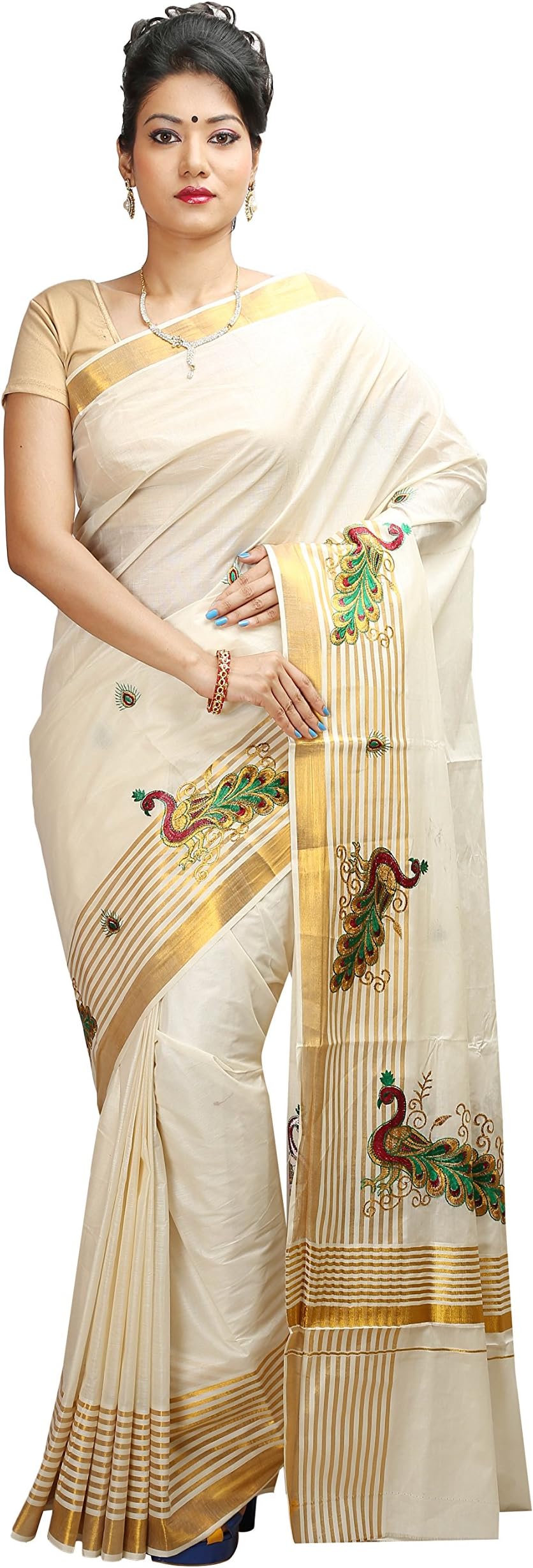 JISB Stripe Peacock Embroidered Kerala Saree, with running blouse