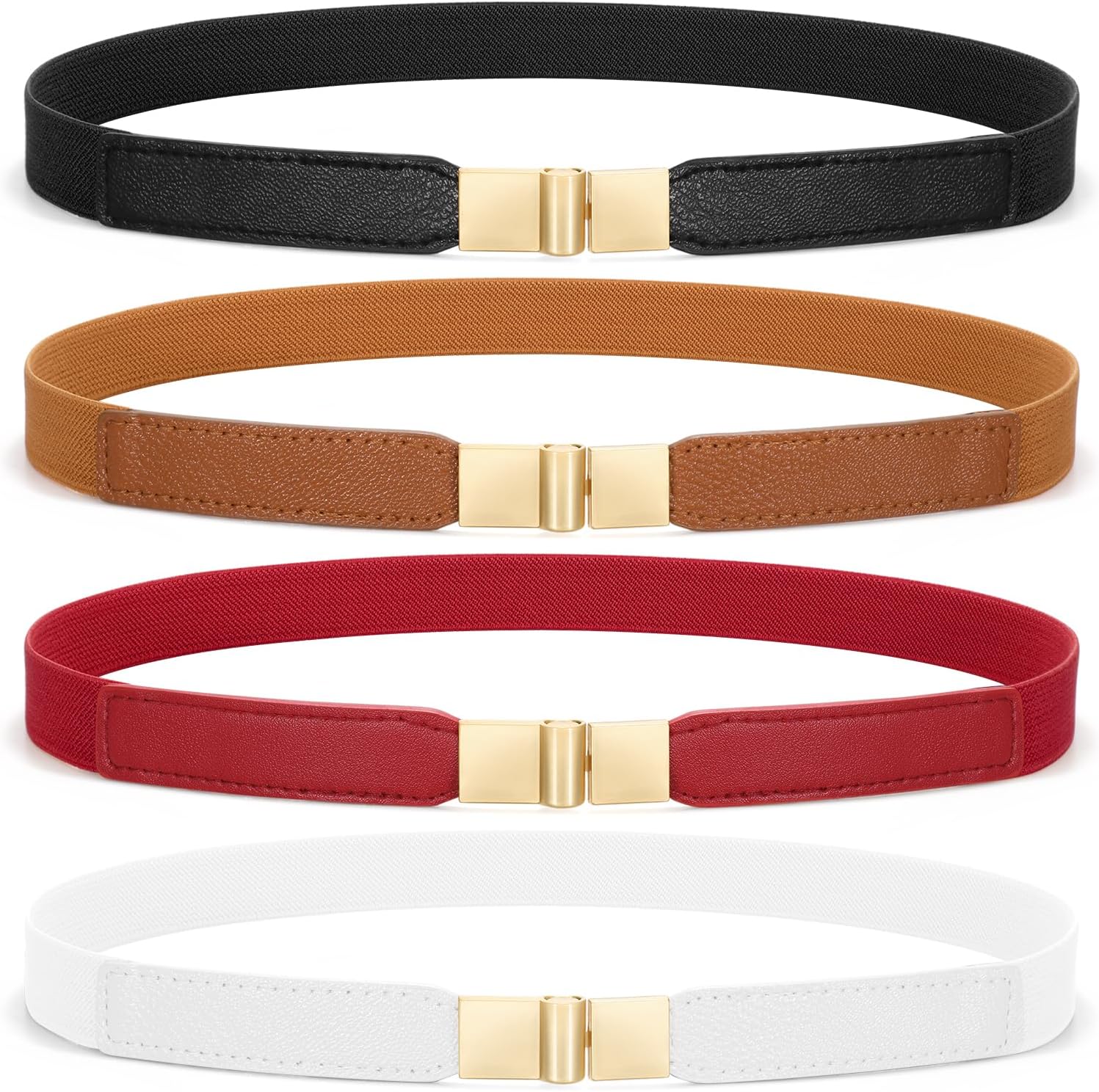 SUOSDEY 4 Pack Women Skinny Elastic Belt, Ladies Stretch Belt for Dresses Pants Thin Waist Gold Buckle Belt