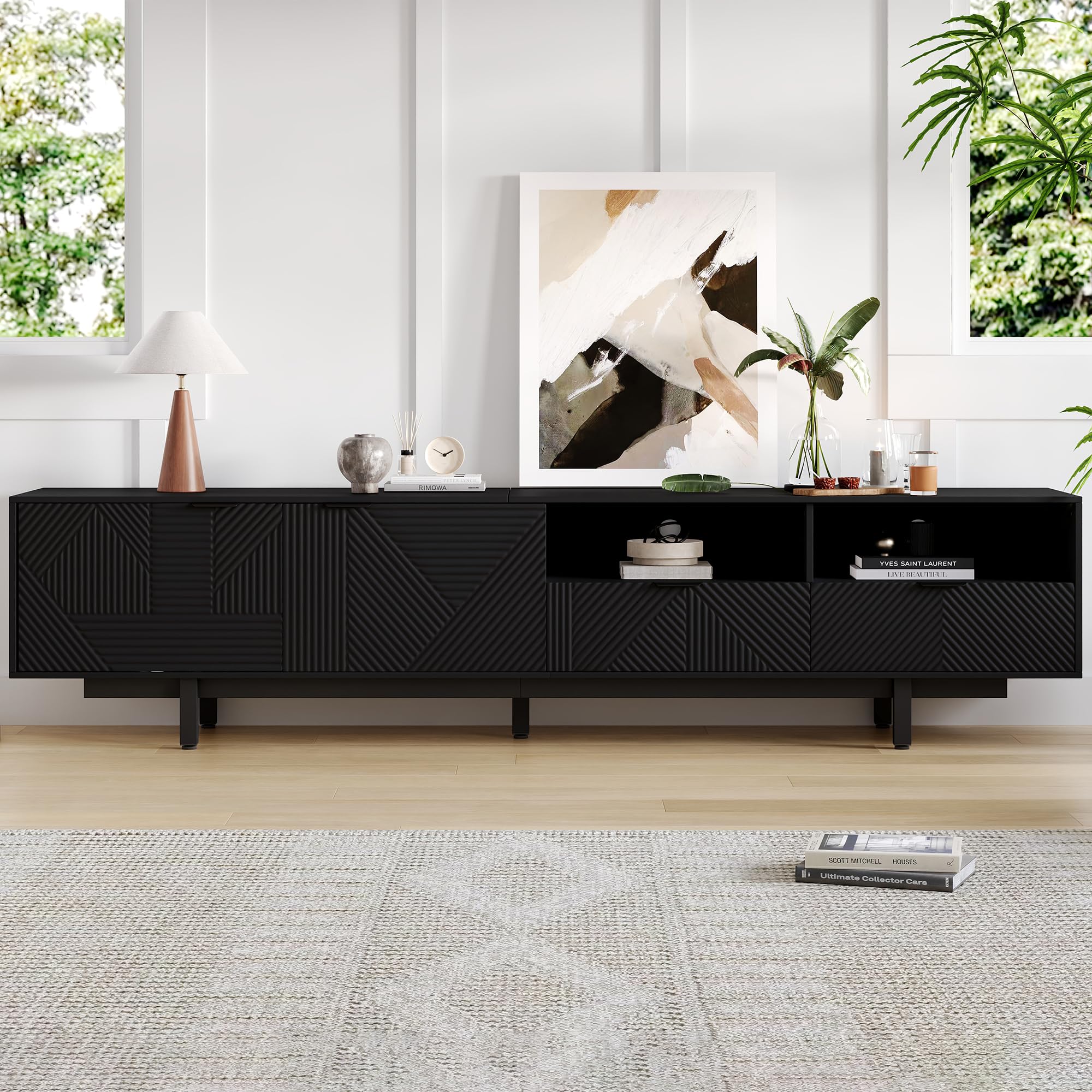 BTM Modern TV Cabinet with Storage, White Geometric Lines TV Stand for 90 inch TV, TV Unit with 2 Drawers and 2 Doors for Living Room, 200 * 40 * 51cm, Black — image 1