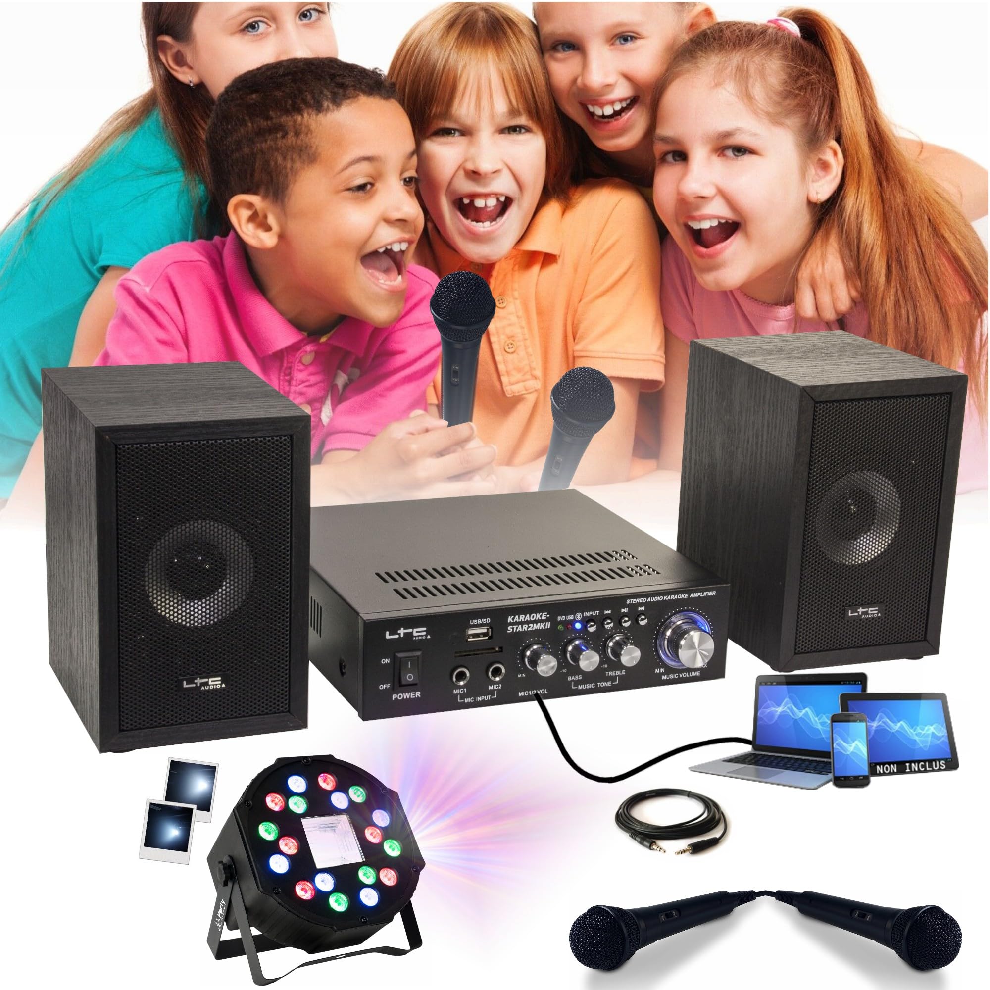 Générique Karaoké Pack LTC KARAOKE-STAR2MKII Enfant - Bluetooth USB SD 100W 2 Enceintes 2 Micros 1 Ampli - Projecteur 2-en-1 par Stroboscope Cadeau