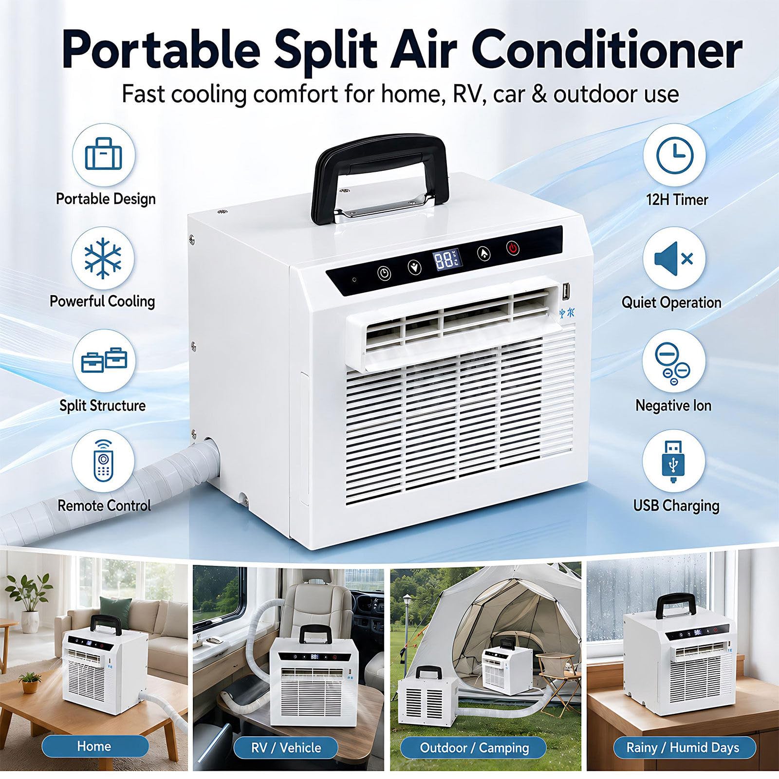 Mini Split Portatile 3000BTU – Silenzioso – Leggero 220V-1.5Metre | Doppio controllo: pannello touch sull'unità + telecomando wireless per massima comodità.