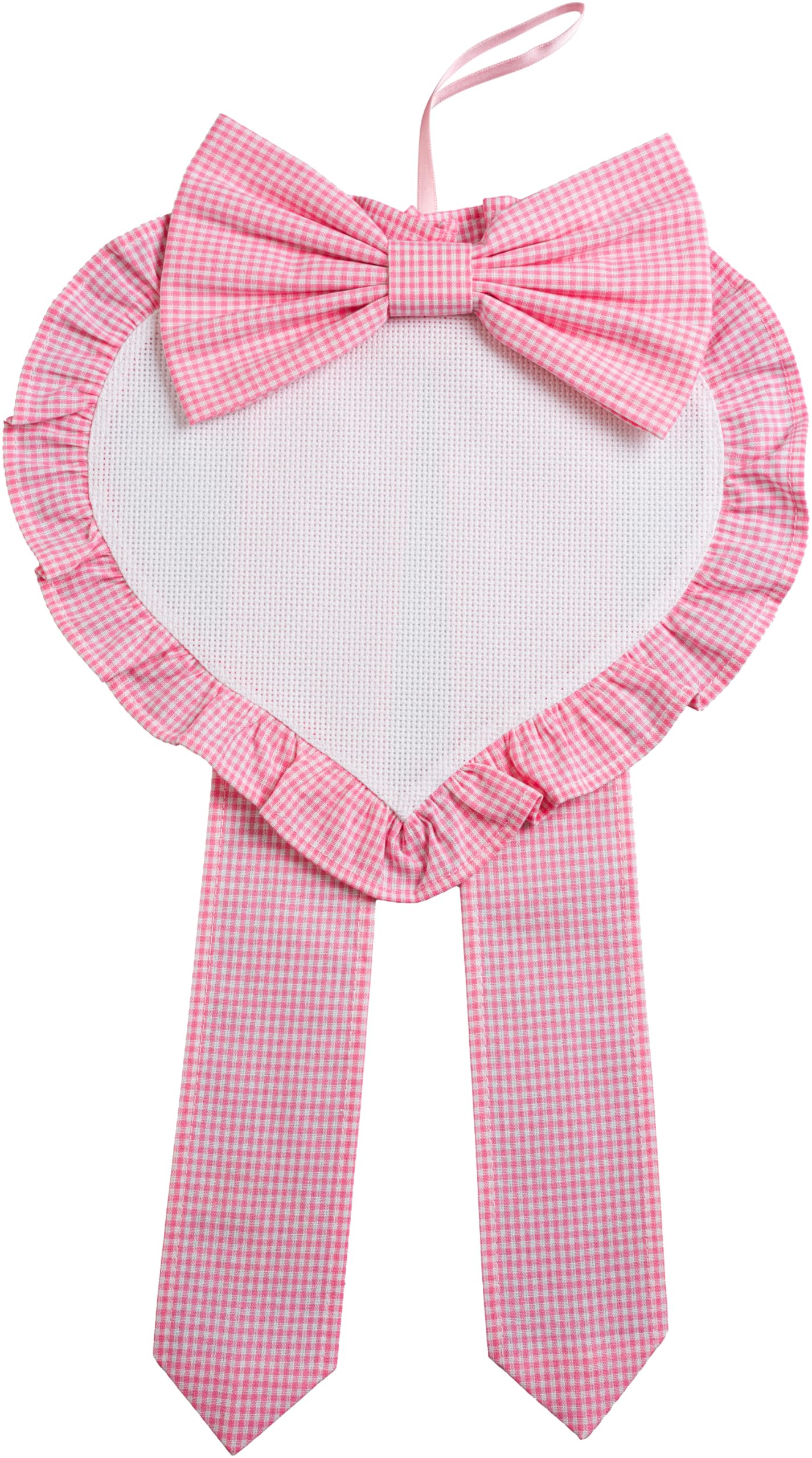 Filet - Baby Birth Bow in Heart Shape in Aida to Embroider, Made of Cotton Yarn Dyed Vichy, Made in Italy, Pink