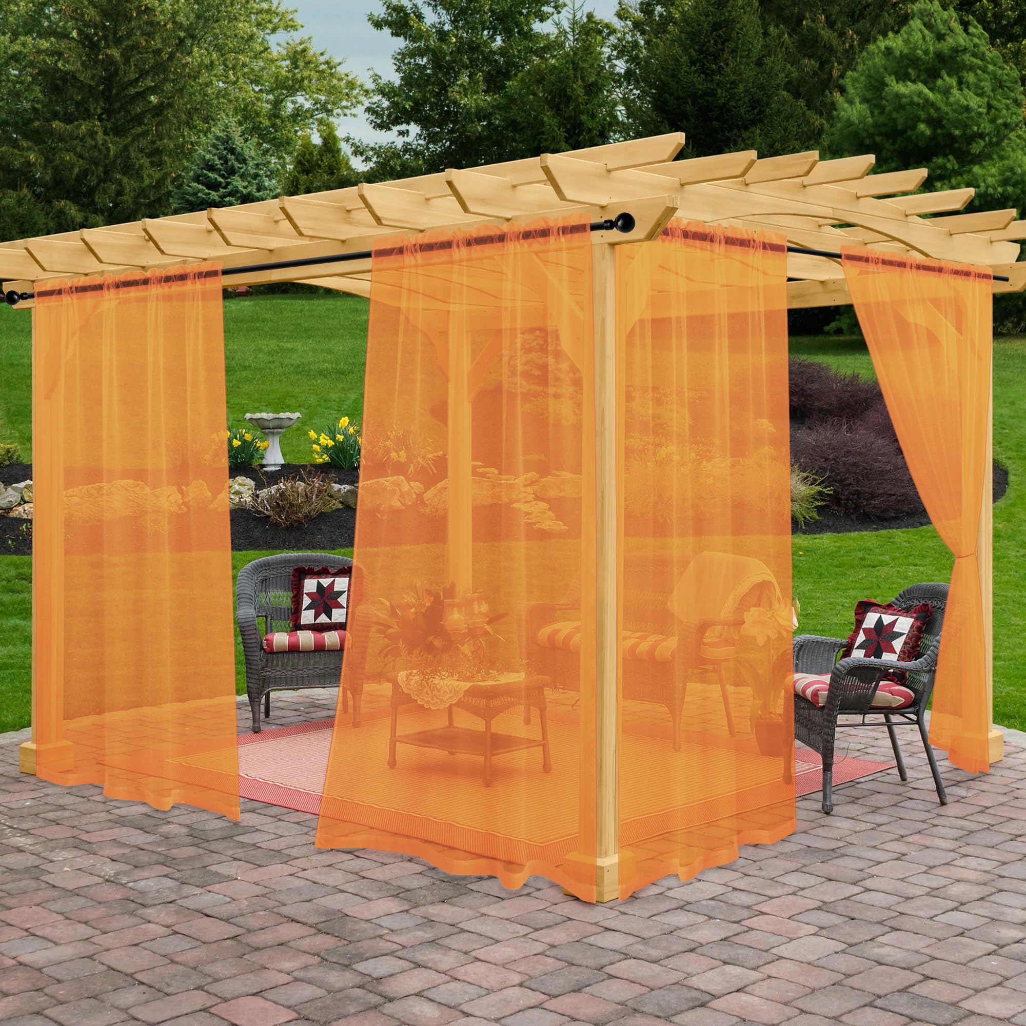 Awnmeow Outdoor Sheer Curtains for Patio Waterproof, 2 Panels Rod Pocket Indoor/Outdoor Voile Orange Sheer Curtain for Pergola, Porch, Cabana and Gazebo, Orange 52 x 95 Inch โ image 1