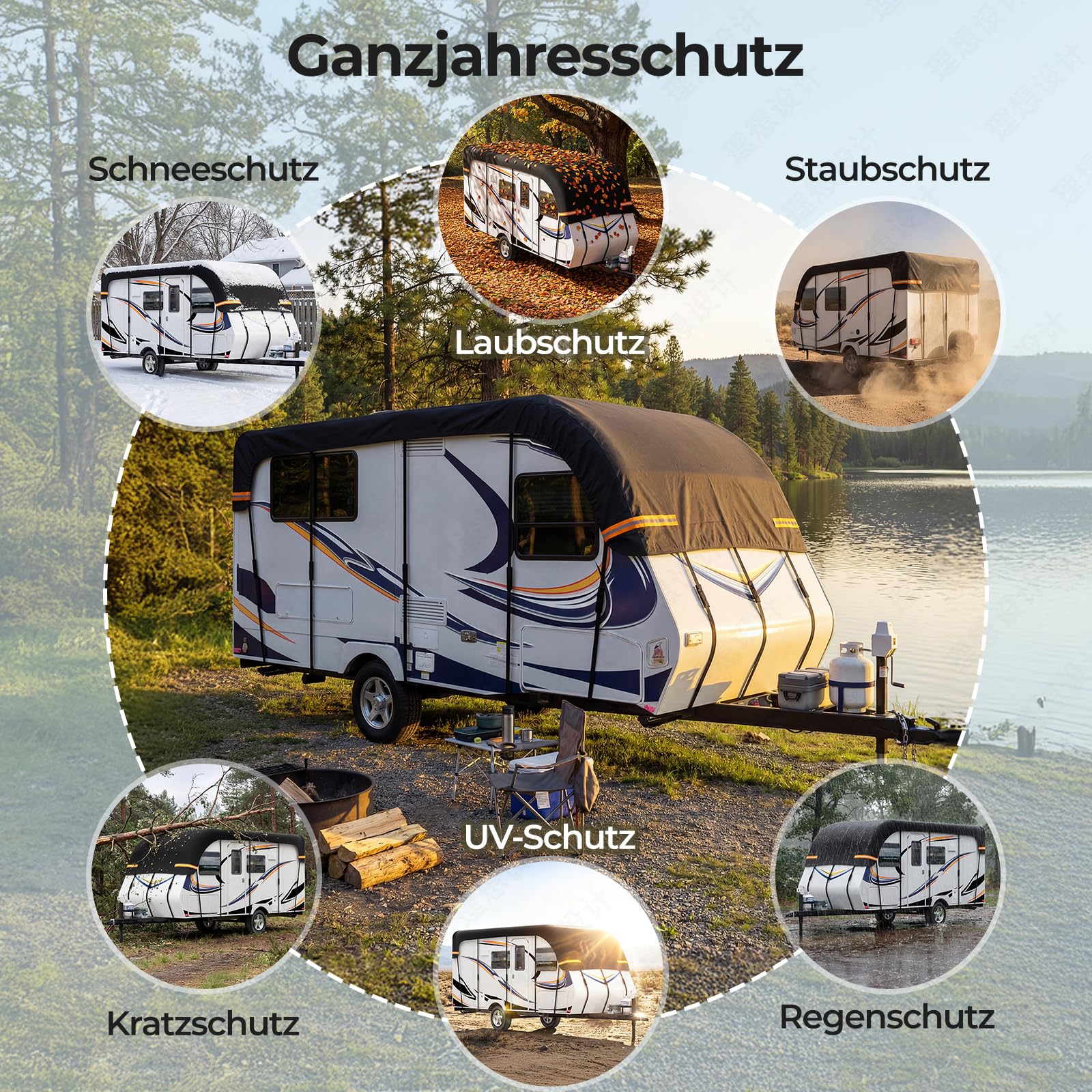Wohnmobil-Abdeckungen, Wohnwagen-Abdeckung, wasserdicht, schützende Dachabdeckung, universell für Sommer, Frost, UV-Schutz, 210D Oxford-Tuch mit reflektierenden Riemen, für Wohnmobilreisen, 7,5 x 3 m