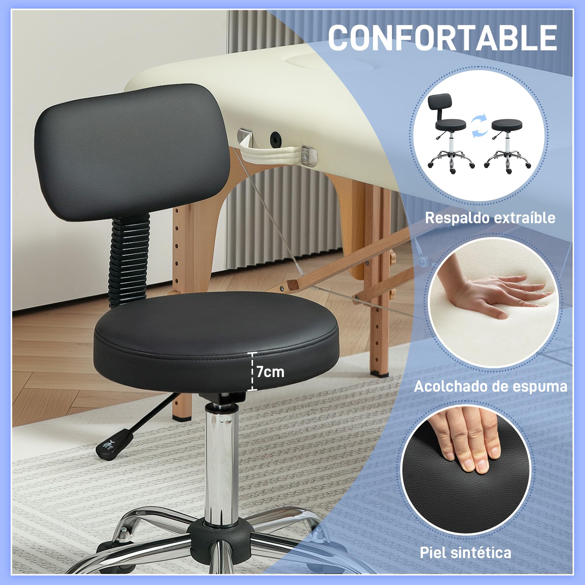 HOMCOM Taburete con Ruedas Giratorio, Taburete de Trabajo con Respaldo Desmontable, Altura Regulable, Tapizado en Cuero Sintético, para Oficina, Dormitorio, Negro