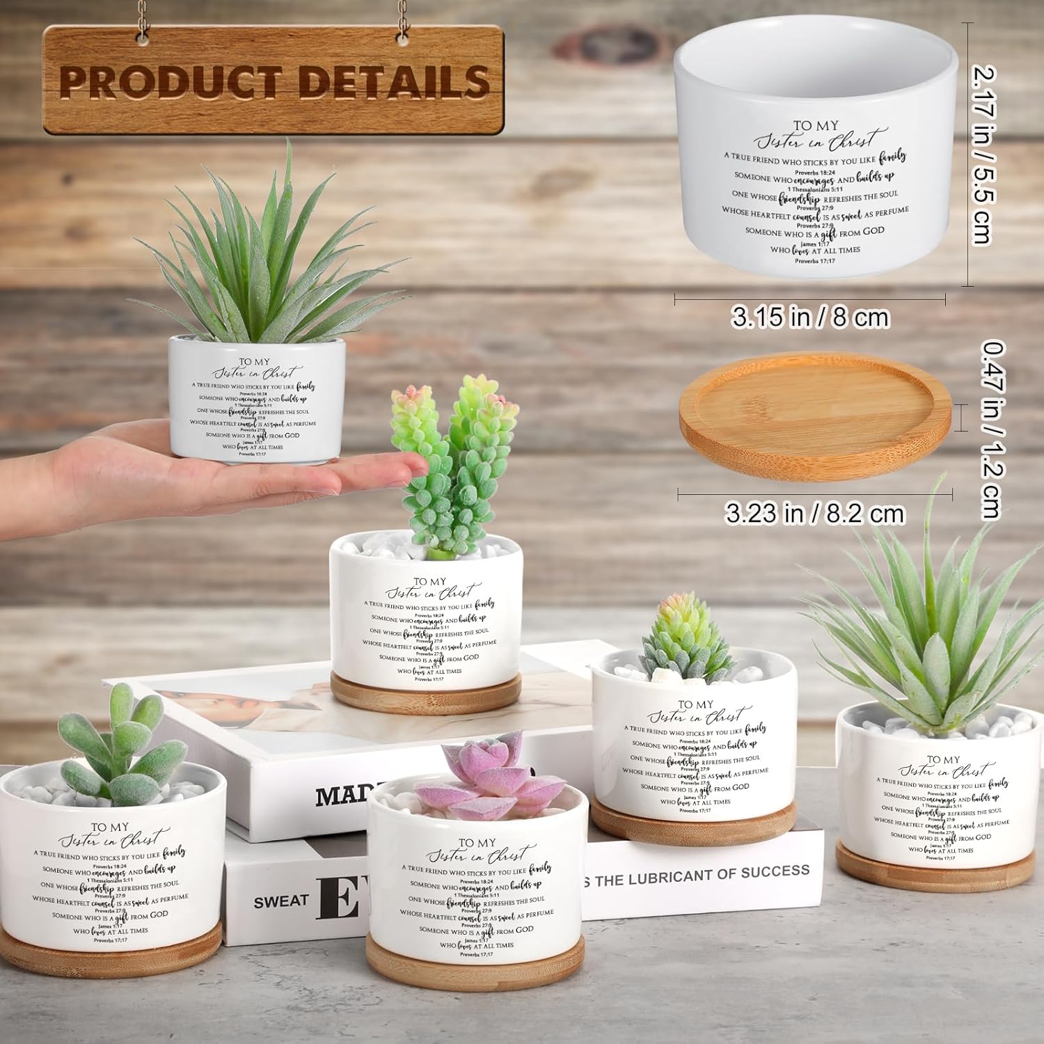 Sieral 6 Pcs Easter Sister in Christ Small Succulent Pot with Bamboo Tray, Bible Christian Gift 3.15 Inch Mini Ceramic Succulent Planter for Mother Day Sunday Church Bible Study, Plants Not Included