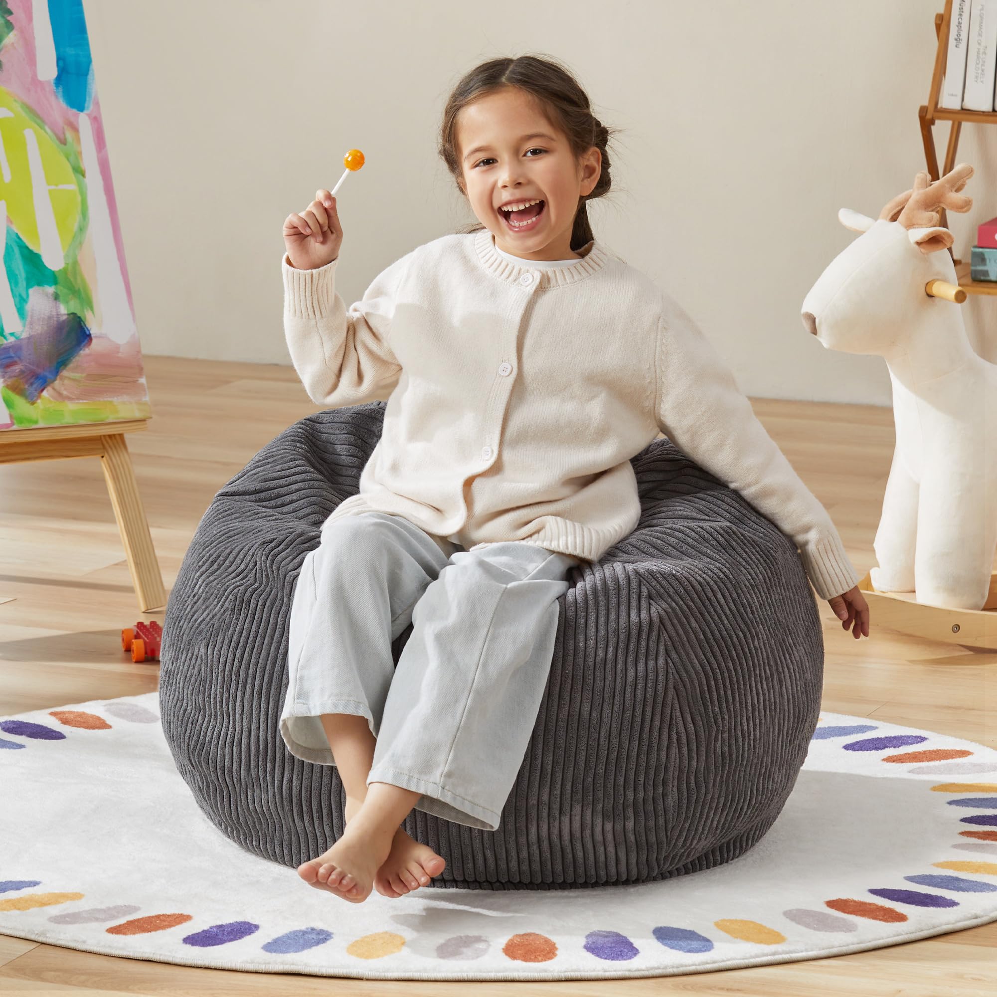 Hobestluk Sitzsack für Kinder, Tropfenform, abnehmbarer Bezug, Grau, 52 x 54,9 x 74 cm