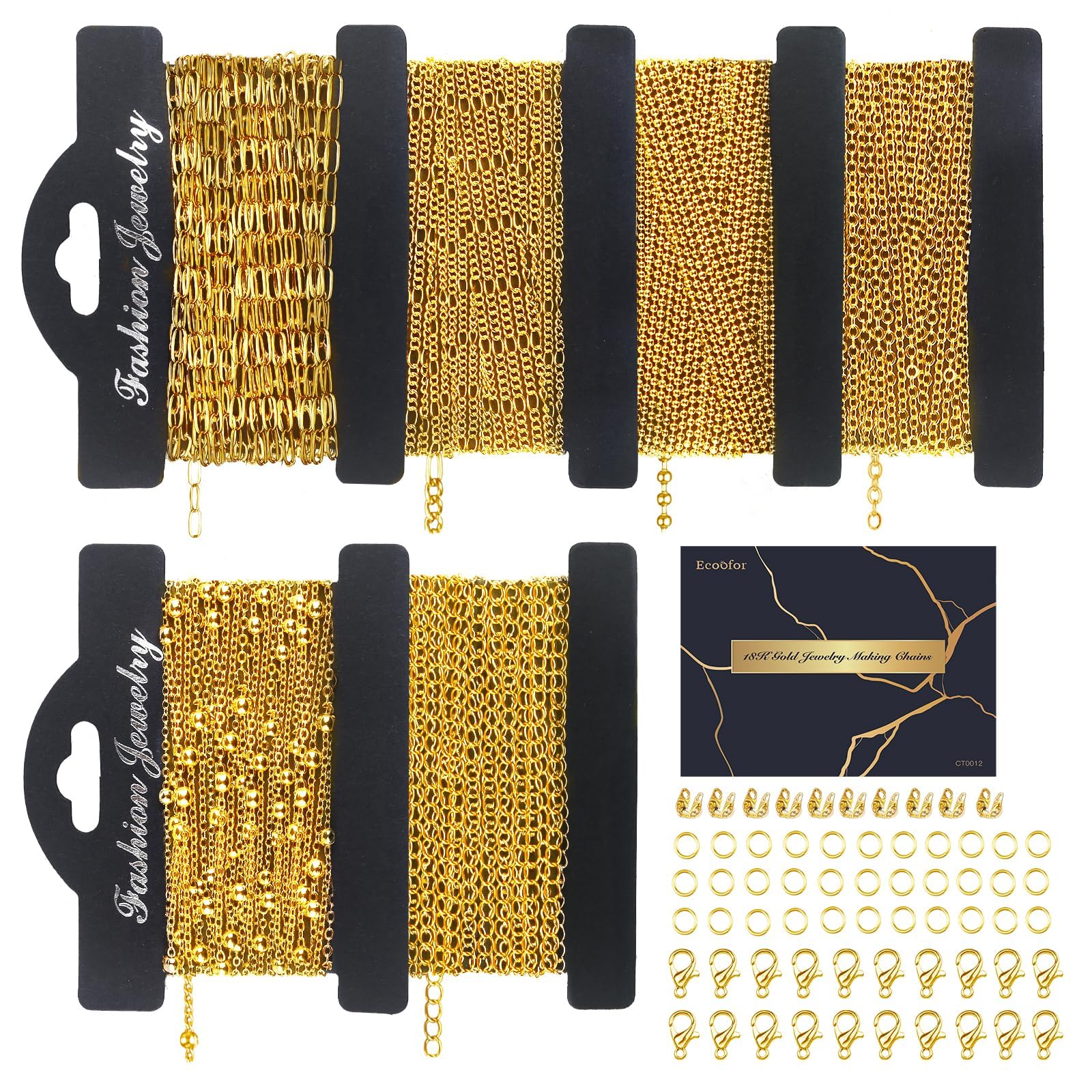 18k Gold Necklace and Bracelet Chains for Jewelry Making, 39.3 Feet Total, 6 Rolls x 6.5 Feet Each, Includes Lobster Clasps, Jump Rings, and Connectors – DIY Craft Supplies for Handmade Jewelry