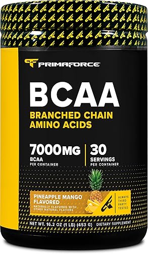 Primaforce BCAA Polvo (piña mango) (30 porciones)  7000 mg 211 BCAAs, bebida de recuperación después del entrenamiento con aminoácidos y sal real