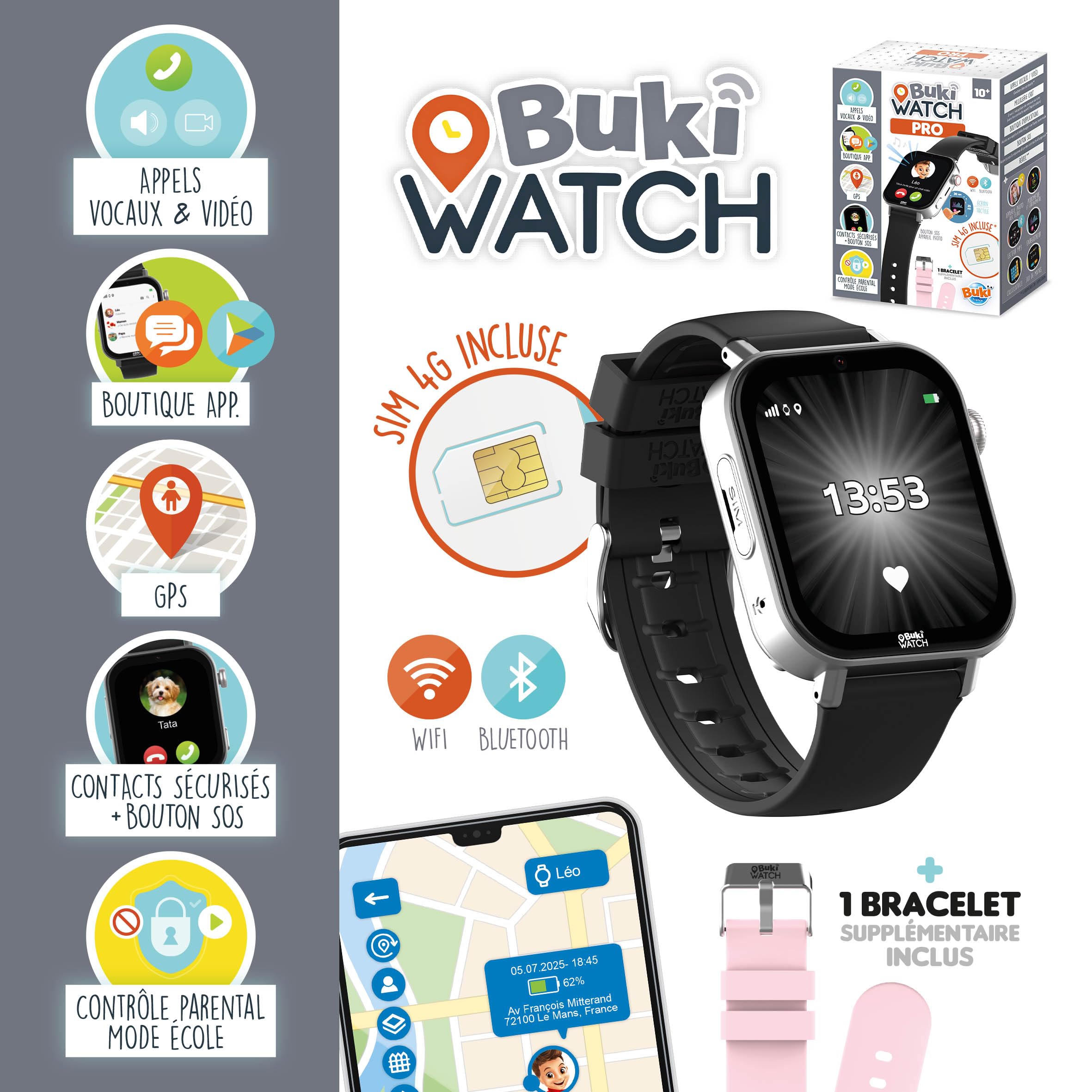 BUKI FRANCE - Montre Connectée Enfant Carte SIM Incluse – Appels, GPS, Vidéo, WiFi, Bluetooth – Bouton SOS, Application Parentale – Idéal Premier Téléphone - BUKI WATCH PRO - PRO01 - FRANCE UNIQUEMENT
