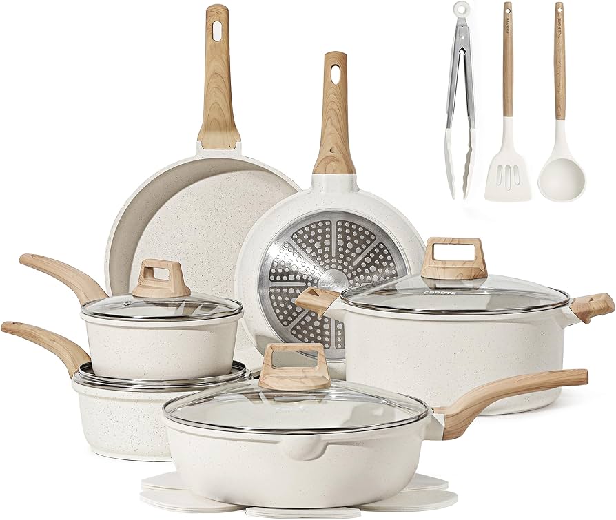 CAROTE 16 Piece Pots and Pans Set Nonstick, White Granite Cookware Sets Induction Cookware, Non Stick Cooking Set w/Frying Pans & Saucepans (PFOS, PFOA Free)