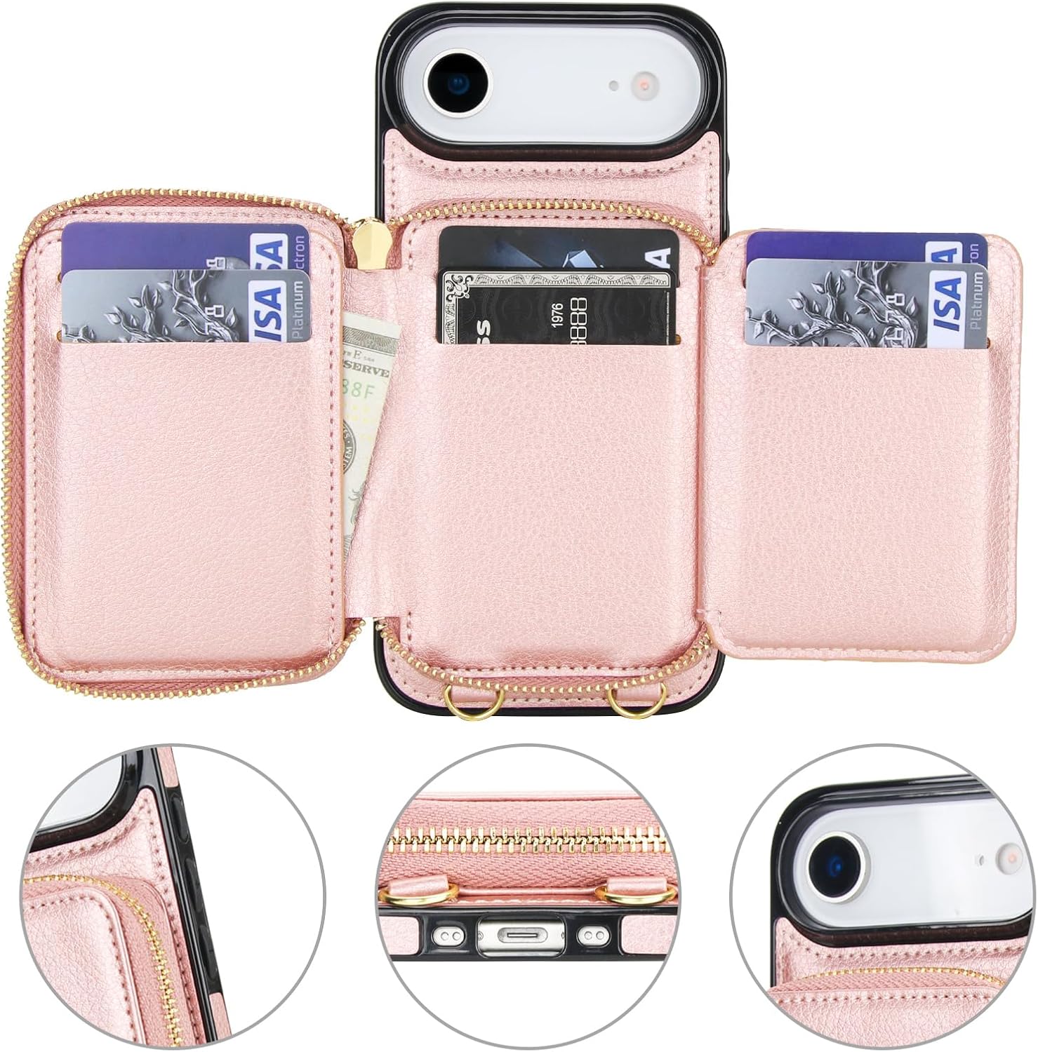 Bocasal RFID Blocking Wallet Case for iPhone 17 Air, Adjustable Crossbody Zipper Purse Case Card Holder with Kickstand Detachable Wrist Strap, PU Leather Flip Folio Case 6.5 Inch 5G (Rose Gold)