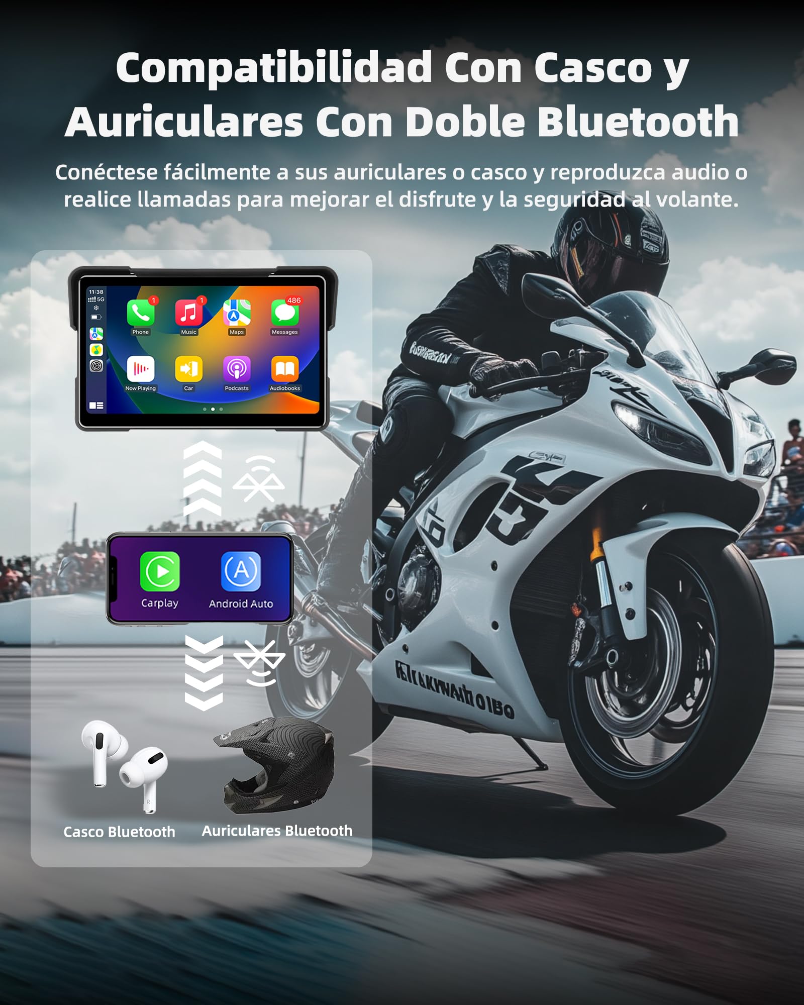 Jansite 7 Pulgadas Carplay Moto Android Auto GPS Moto Navegador con Doble Bluetooth Impermeable IP67 Tarjeta Carplay para Moto Siri/Google/Navi - 5