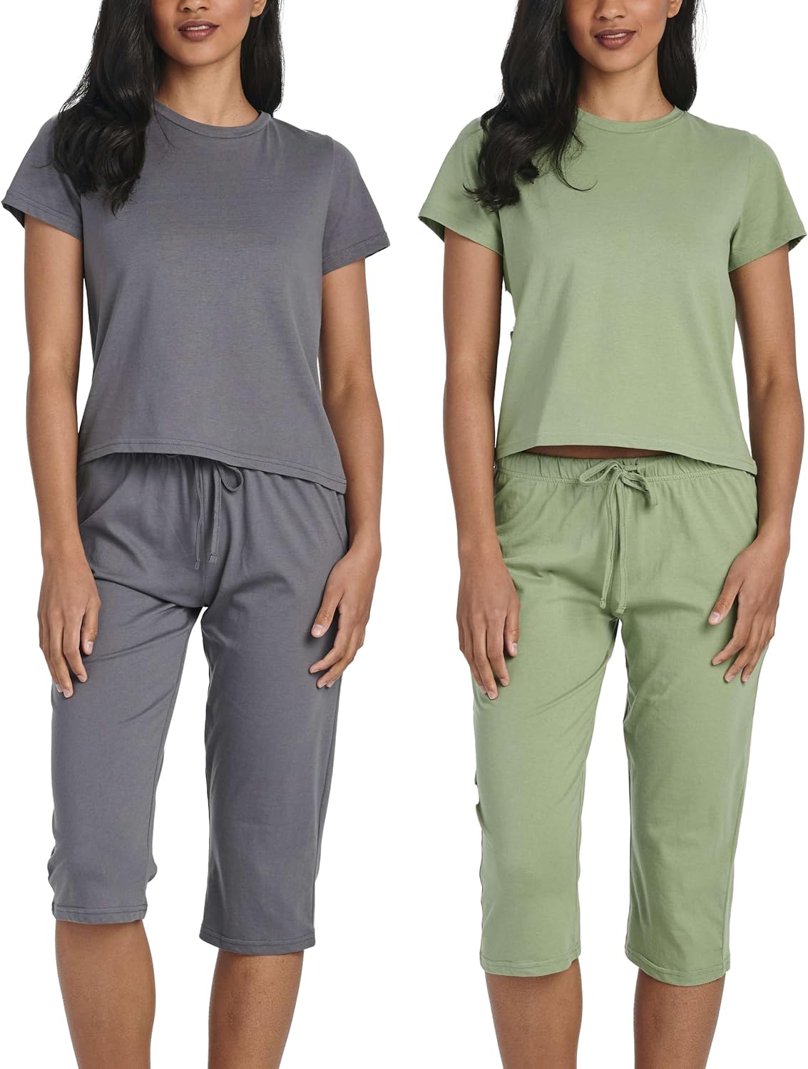 Real Essentials 2 Pack: Women's Cotton Short Sleeve Top and Capri Pants Pajama Lounge PJ Sets with Pocket (Available In Plus)