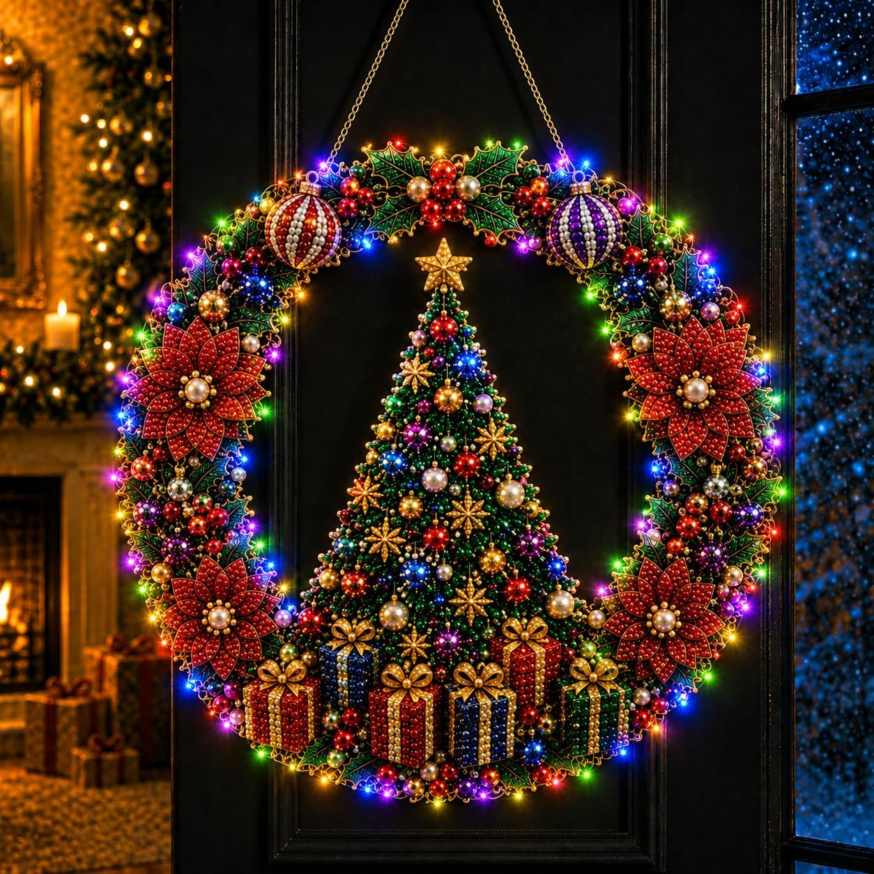 Diamond Painting Christmas Wreath With LED,Hanging Christmas Garland 25cm