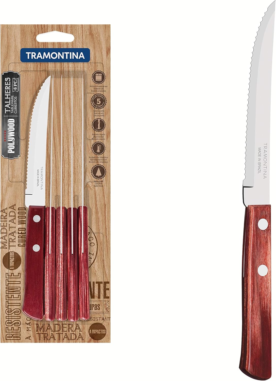 Tramontina 6 Piece Serrated edge Steak knives set 5 inch Red Steak