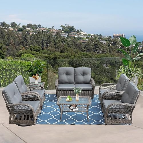 Miniatura 65 de VIVIJASON Silla mecedora de mimbre para exteriores, 2 piezas, sillas mecedoras de ratán para patio con cojines y marco de acero, muebles de mimbre