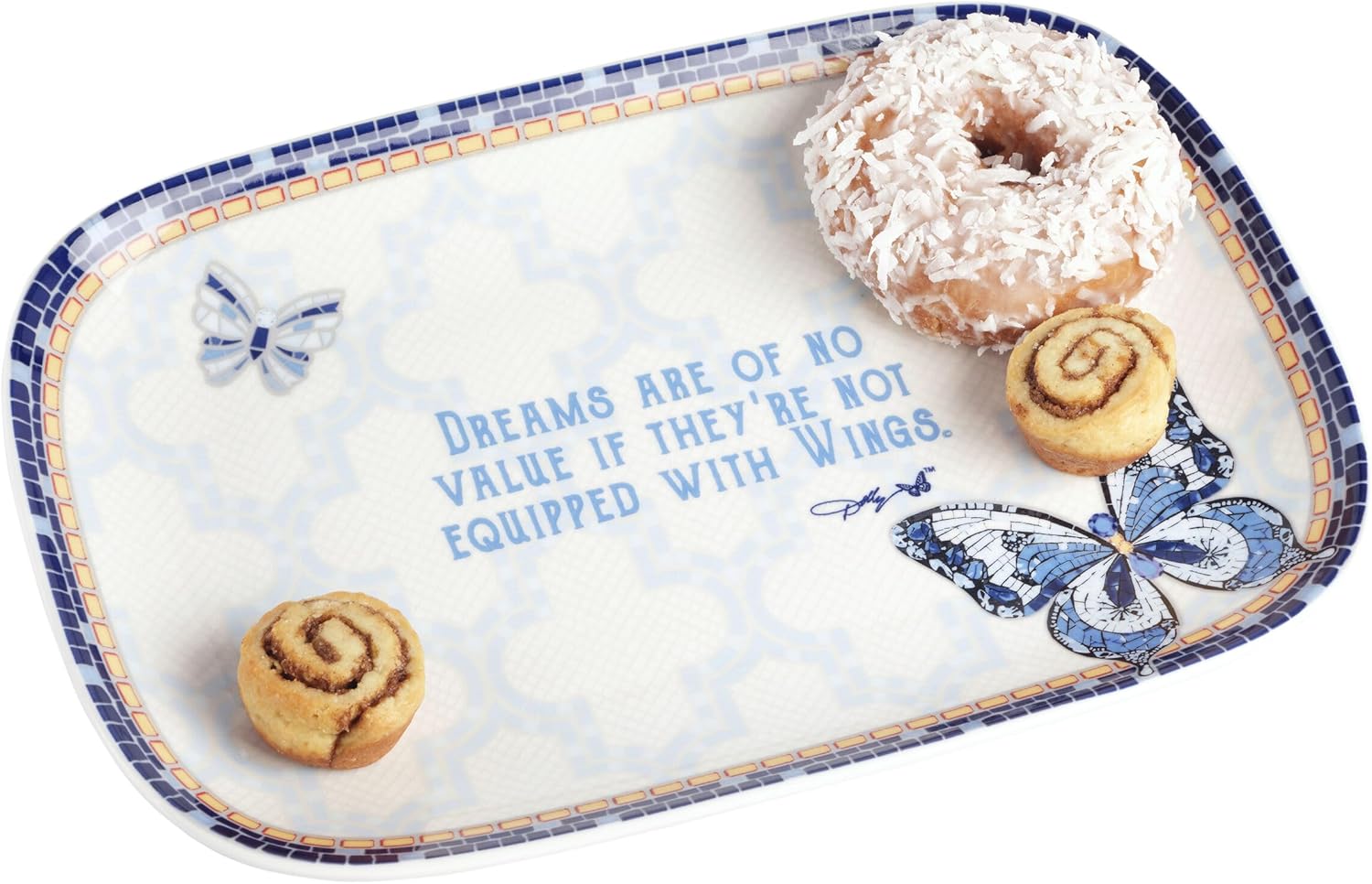 Dolly Parton Jeweled Mosaic Blue Butterfly Design Small Serving Tray Platter Dreams Sentiment, Stoneware Appetizer Dessert Serveware Platter, 13 Inch
