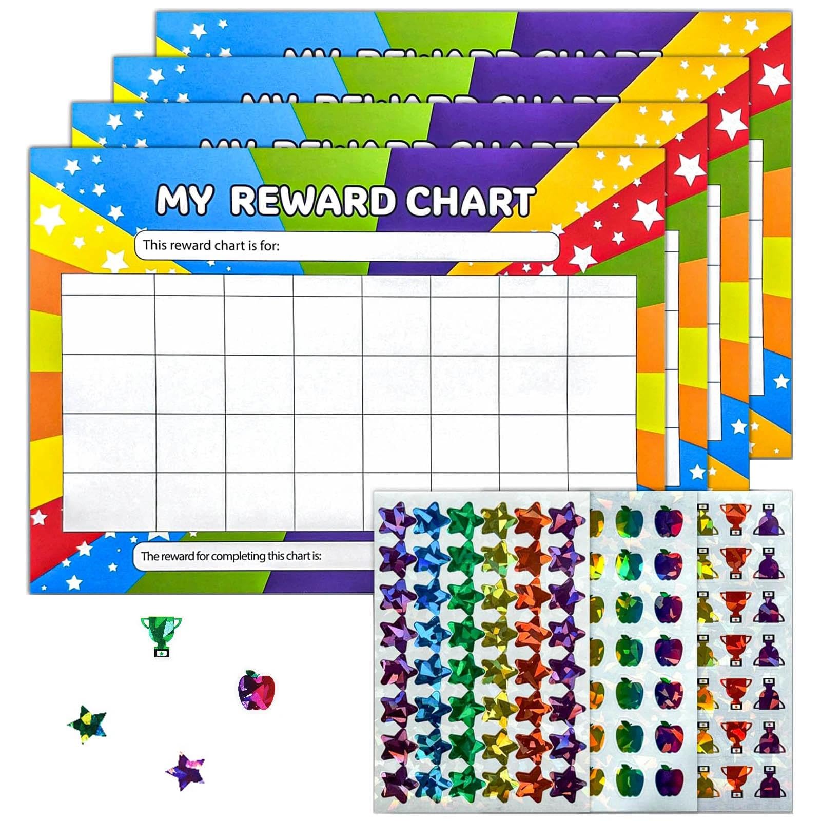 KNUIUYY 4 PCS A4 Children's Star Reward Chart and 3 Style Sticker Chart With 125 Star Stickers 21cm x 29.7cm Behaviour Charts, Progress Tracker for Kids Encourage Good Behaviour, Habits, Study, Goal