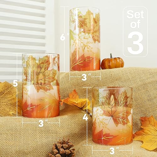 Miniatura 10 de Crystal Club Velas sin llama, velas LED parpadeantes de hojas de arce otoñales con control remoto y temporizador, velas de pilar con efecto de