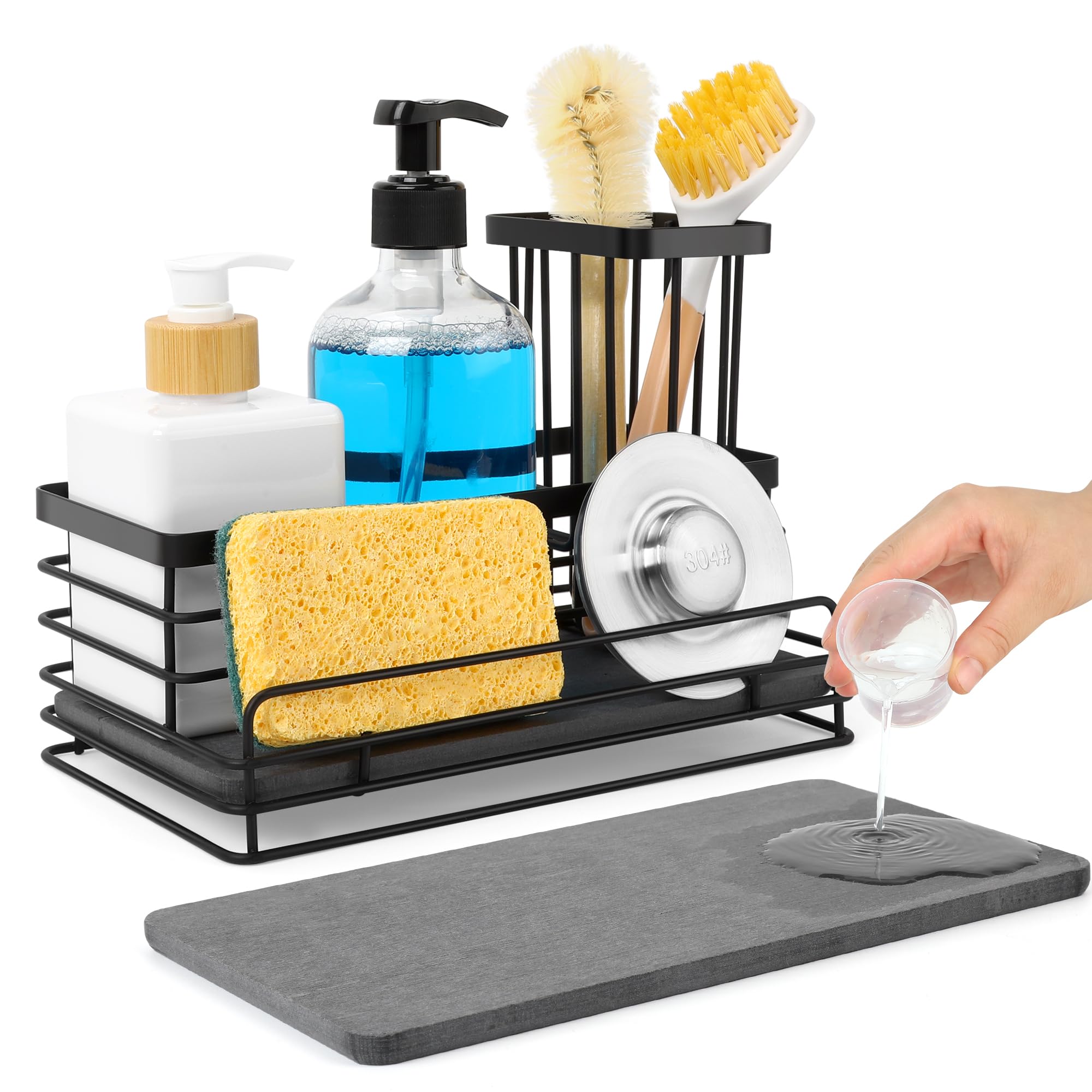 Sponge Holder for Kitchen Sink Rustproof Sink Caddy Kitchen Organizer with High Brush Holder Fast Drying Diatomite Base