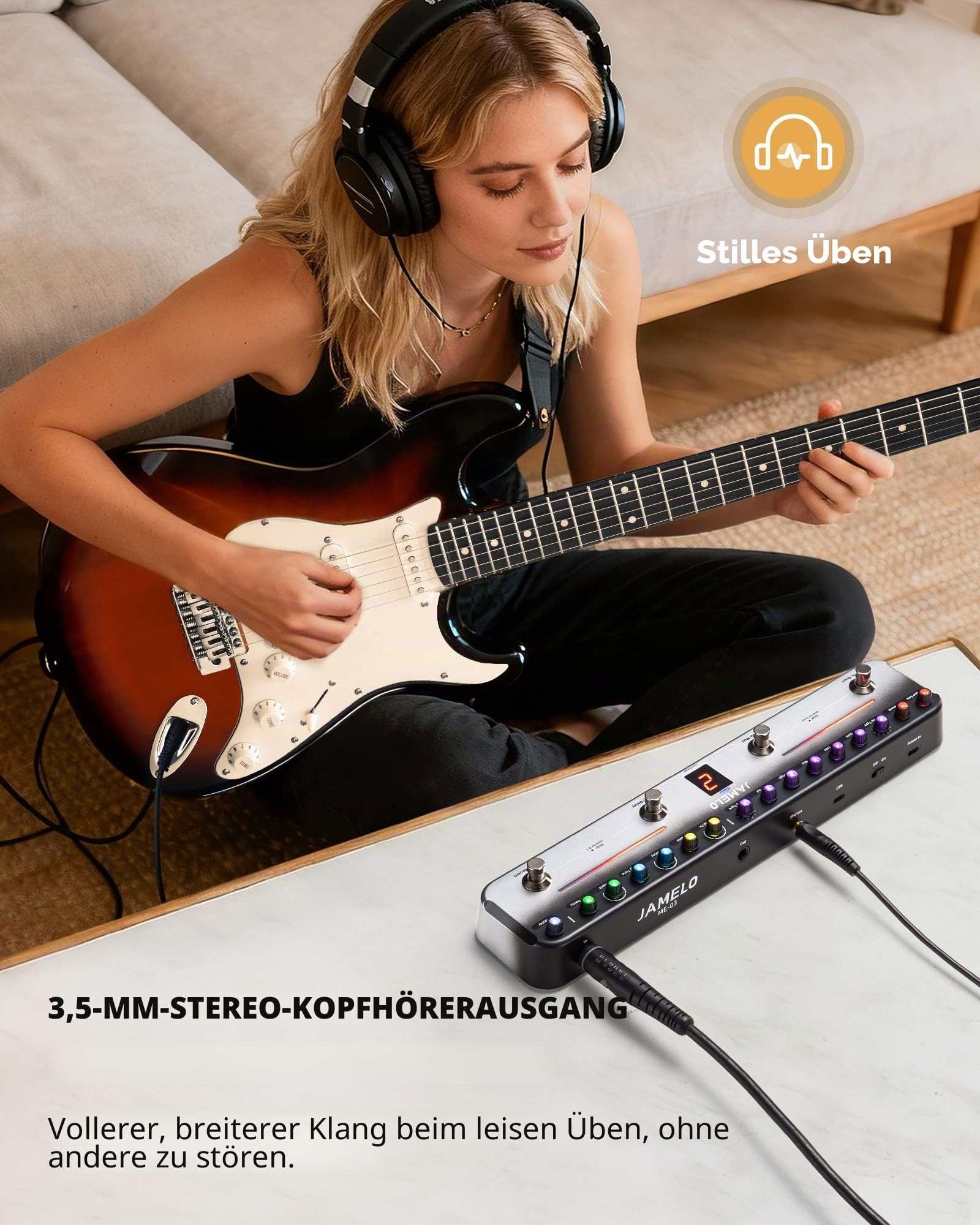 JAMELO Gitarren Multi-Effektpedal, 7 Effektmodule, 27 Effektkombinationen, Overdrive, Distortion, Reverb, Delay, Chorus, mit Bluetooth, IR-Import, Aufnahme, App-Steuerung,wiederaufladbar