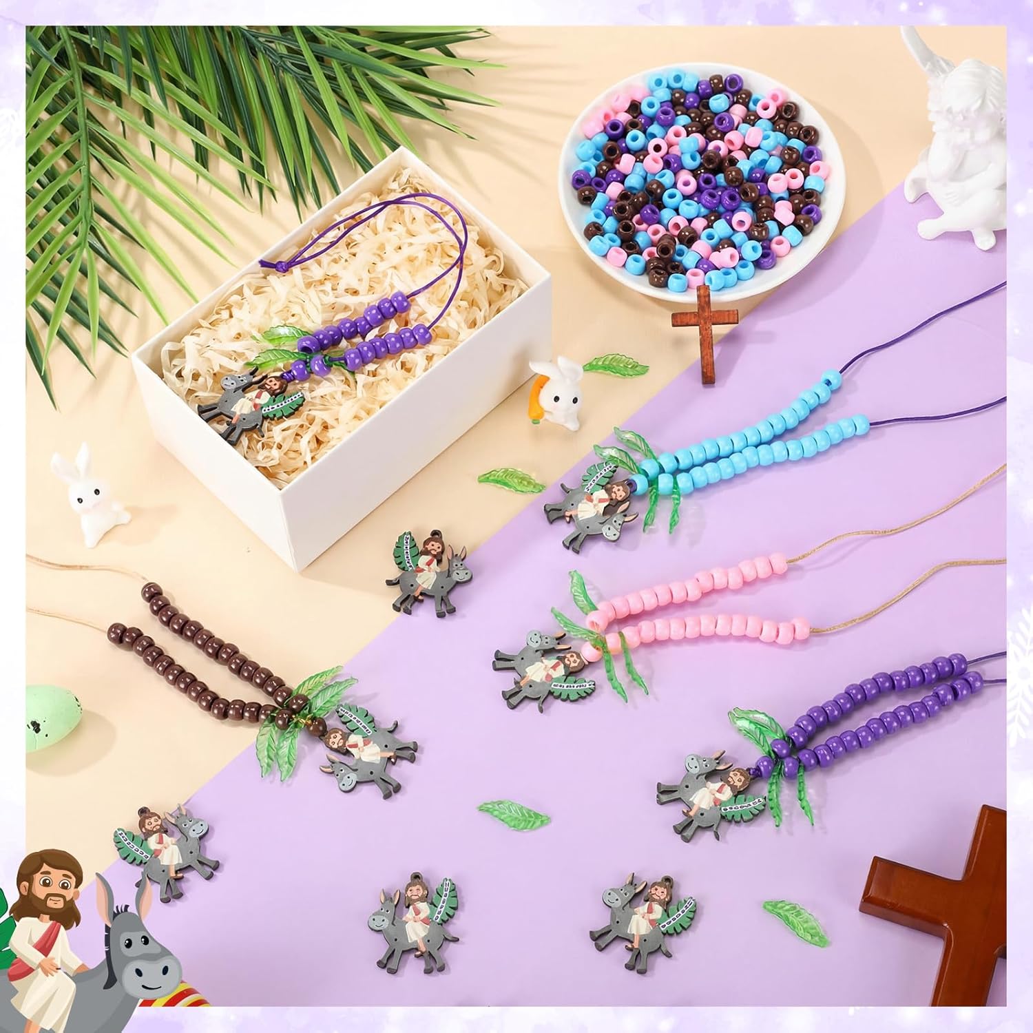 Kenning 582 Pcs/30 Sets Easter Palm Sunday Craft Kit Christian Wooden Jesus Enters Jerusalem Necklace with Beads and Strings Religious Easter DIY Church Craft for Religious Sunday School Activities