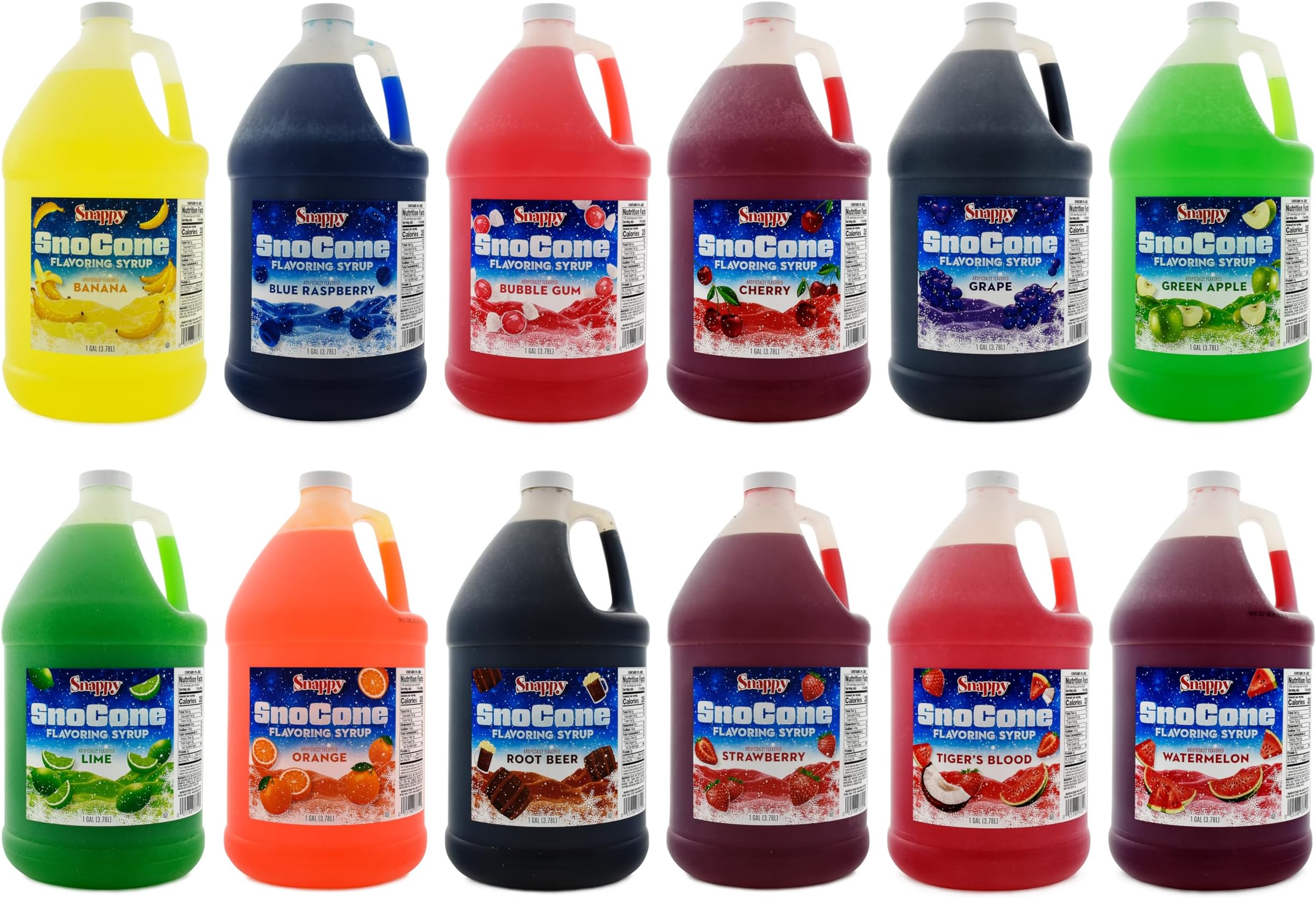 Snappy Sno Cone Syrup Mix and Match 4 Pack, 1 Gallon Each, Pick Any 4 Flavors from Our Lineup, Ready to Use for Shaved Ice