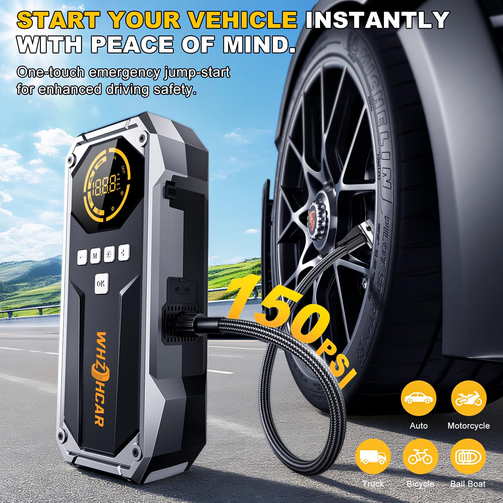 Arrancador de Coches 8000A Compresor de Aire 150PSI Arrancadores de Bateria de Coche 12V (hasta 12L de diésel o All de Gasolina) Jump Starter con Lumen LED Clips de Seguridad Inteligentes Carga Rápida
