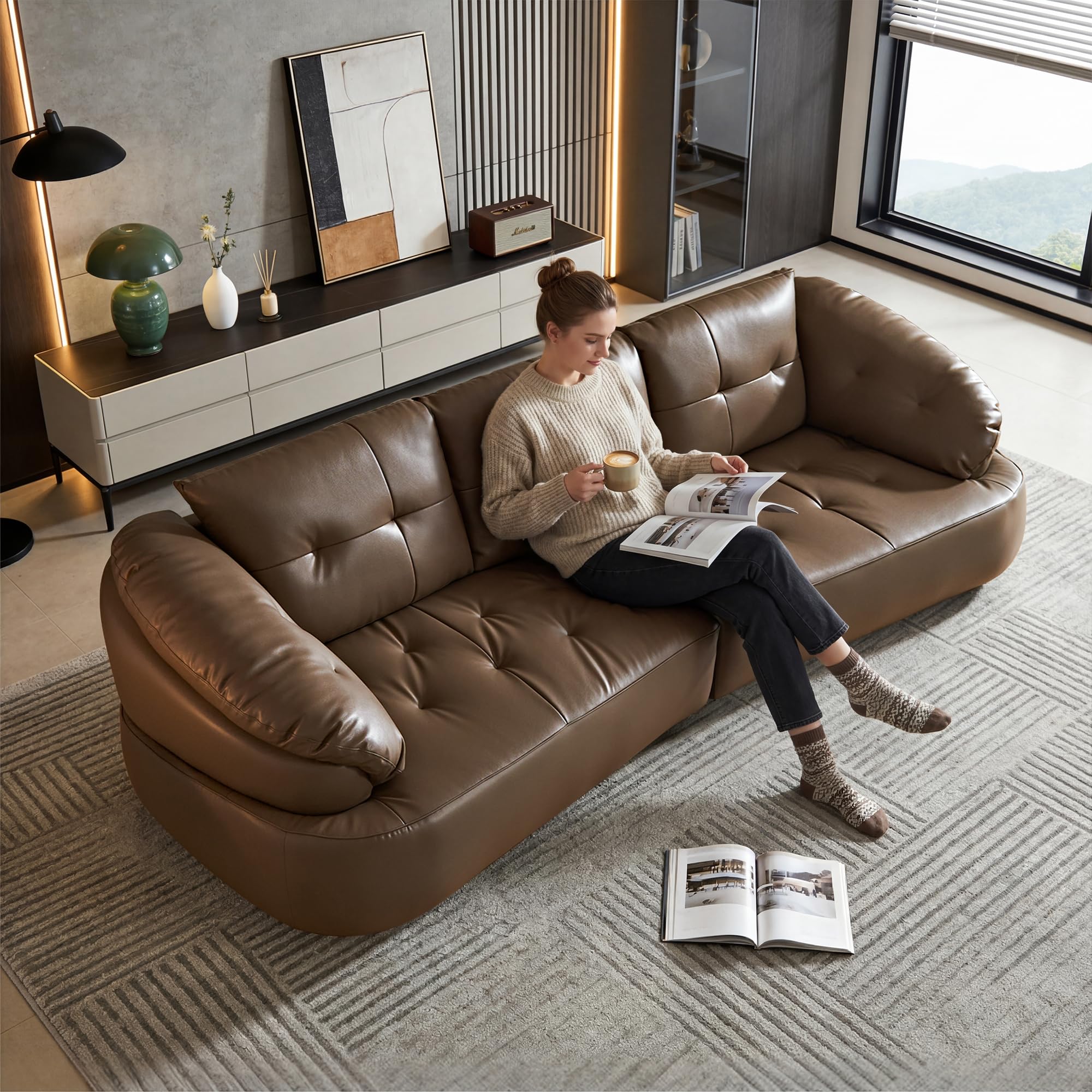 VASOENY 122" Luxury Top Grain Leather Sofa Couch, Modern Couch with Solid Wood Frame & High-Density Foam, Hand-Tufted Genuine Leather 3-Seater,Wide