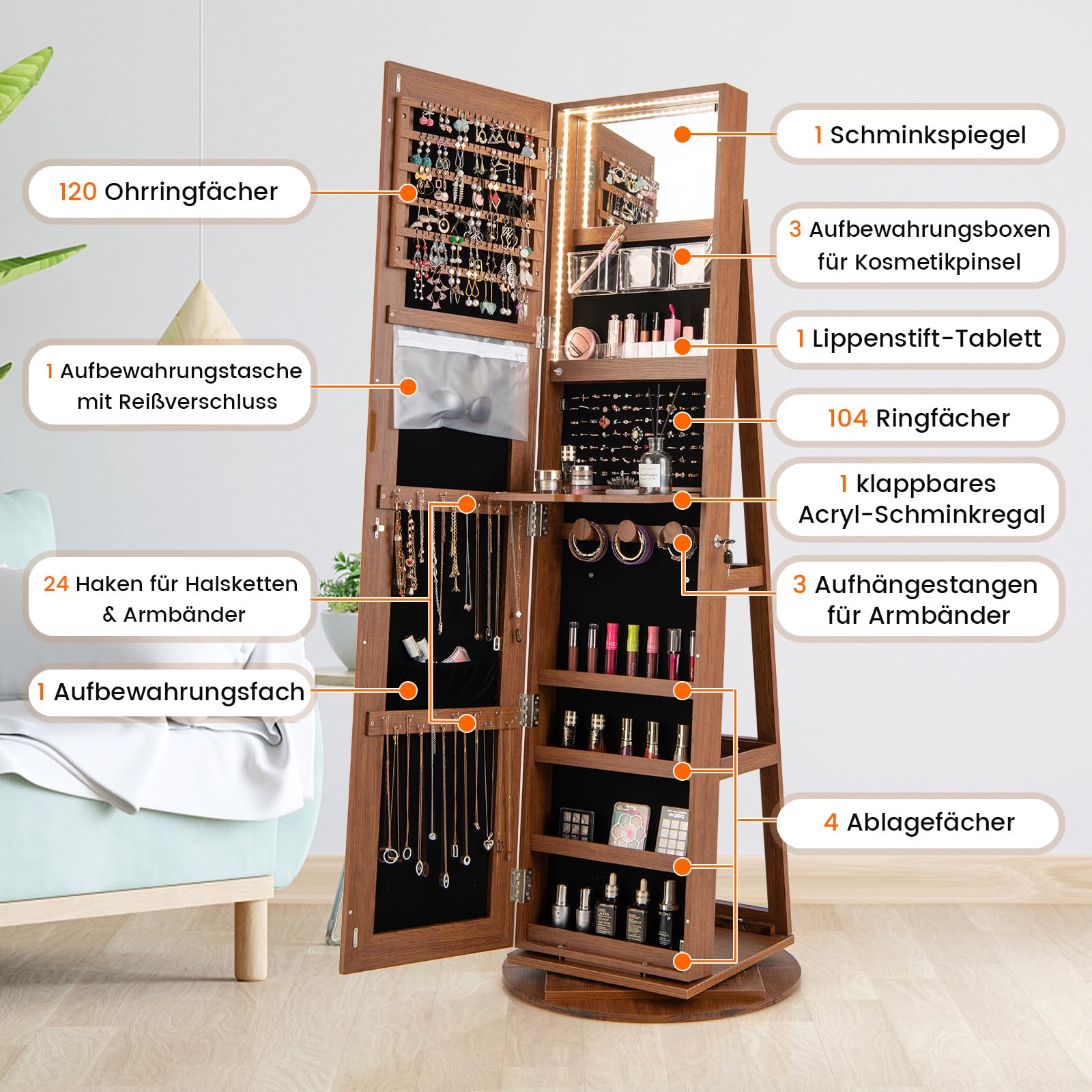 COSTWAY Szafka na biżuterię z diodami LED, szafka z lustrem, obracana o 360°, z pełnym lustrem, bez ramy, zamykana organizacja biżuterii, przechowywanie biżuterii (brązowa)