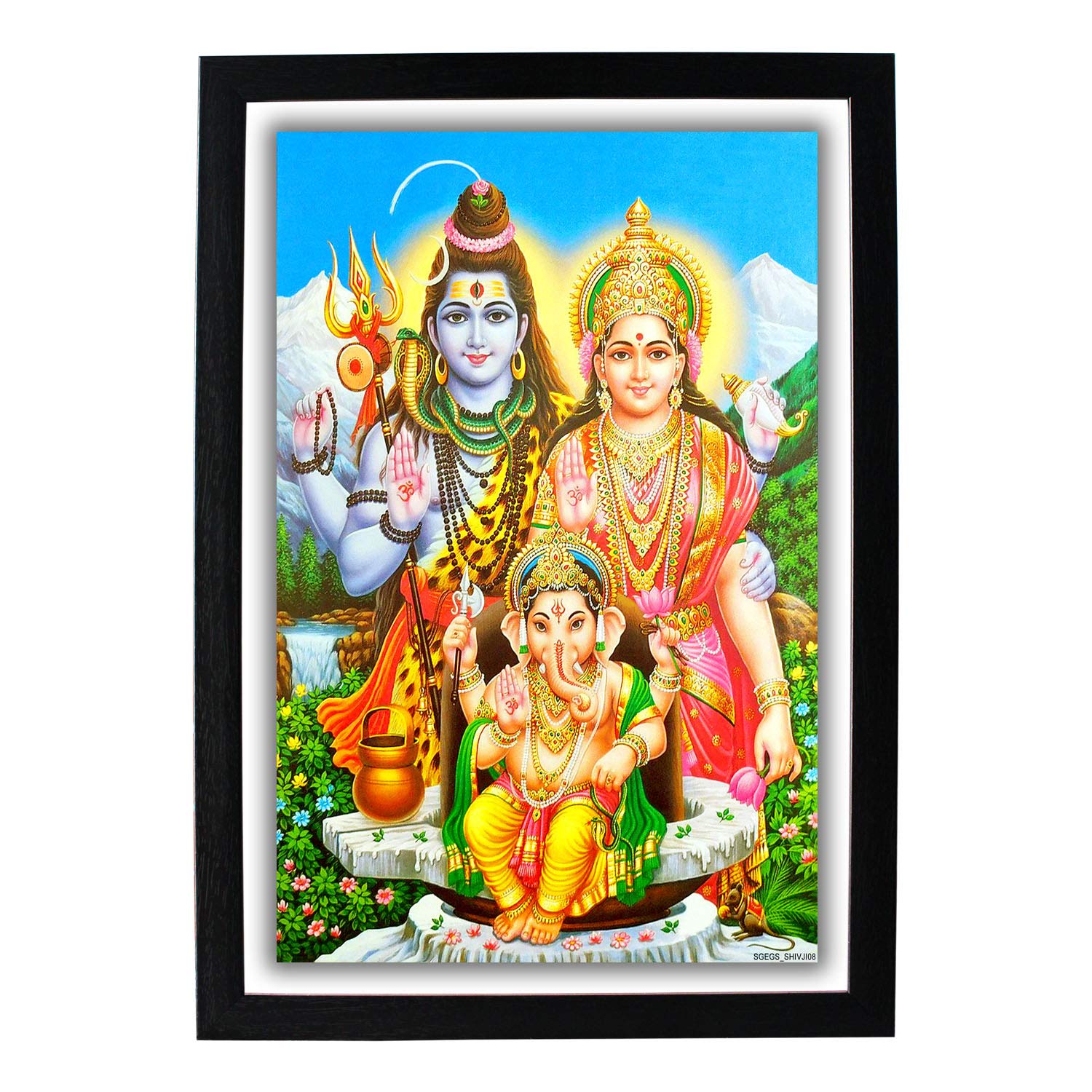 SHREE GANESH ENTERPRISE GIFTING SOLUTIONS God Shiv Goddess Parvati God Ganesha HD Photo Frame Lord Shiva Mahadev Mahakal Painting Wall Hanging (Wood, HD Poster with Frame, Multicolour, 22.5X1x32.5cm)