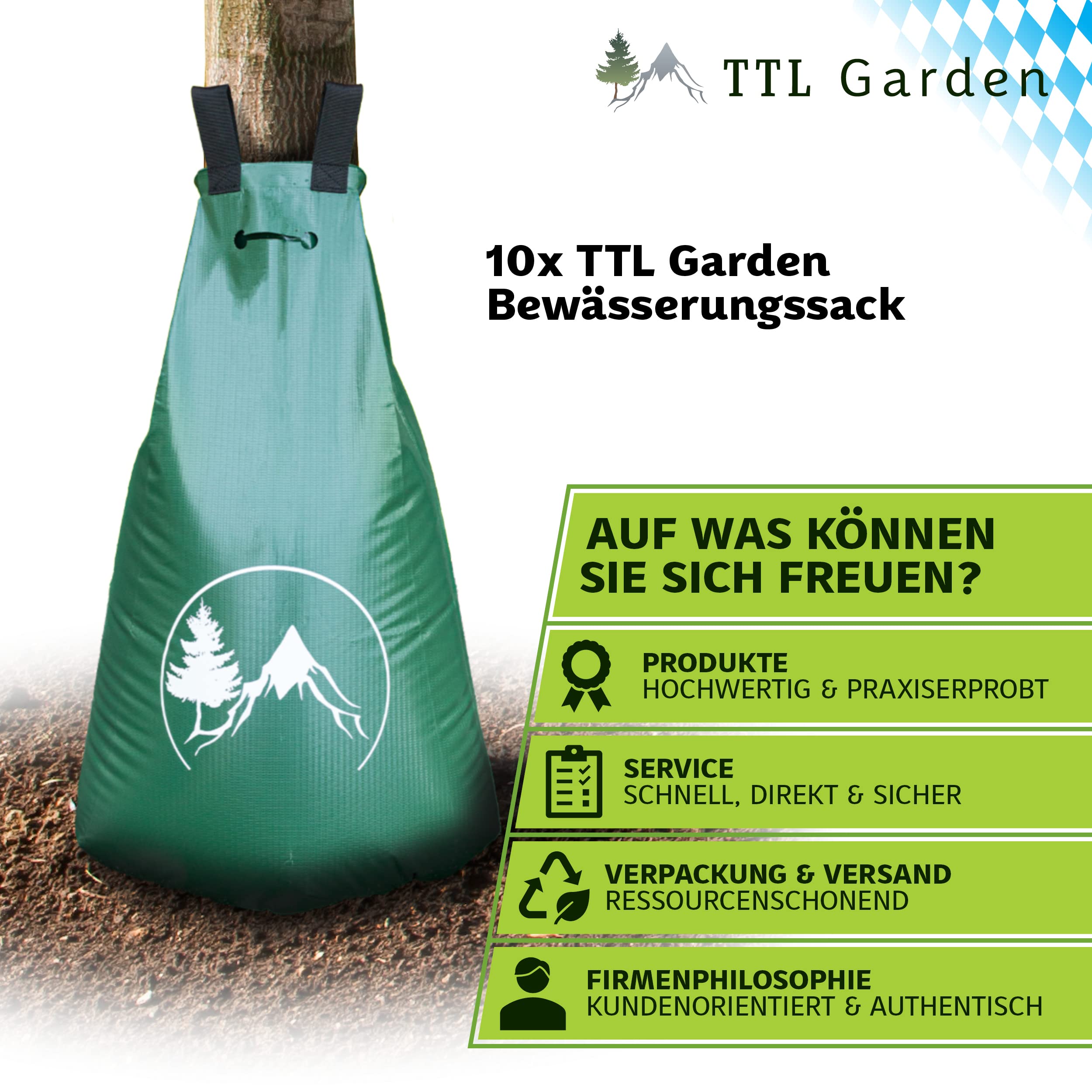 TTL GARDEN 10x 75L Baum Bewässerungssack - 400g/m² PVC robust & UV-stabil | - 10er Set 75 Liter Wassersack Baumbeutel 75 Liter Tröpfchenbewässerung für Bäume - Giesssack Wasserbeutel Bewässerungssystem