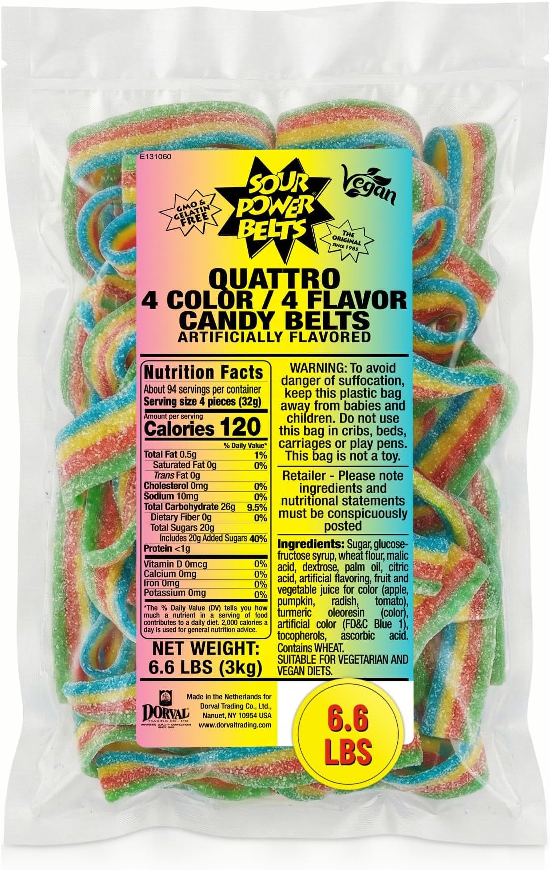 Sour Power Quattro Rainbow Candy Belts, 6.6 lb Bulk Bag (Pack of 3), Vegan Four Flavor Sour Candy Since 1985, Soft Chewy Sweet Tart, Non-GMO Gelatin Free