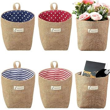 6 PCS Mini Hanging Storage Bags, Anberky Cotton Linen Small Storage Basket Wall Hanging Organizer Box Wall Mounted Storage Pocket Collapsible Decor Bin Bag with Handle for Wall Door Closet #A