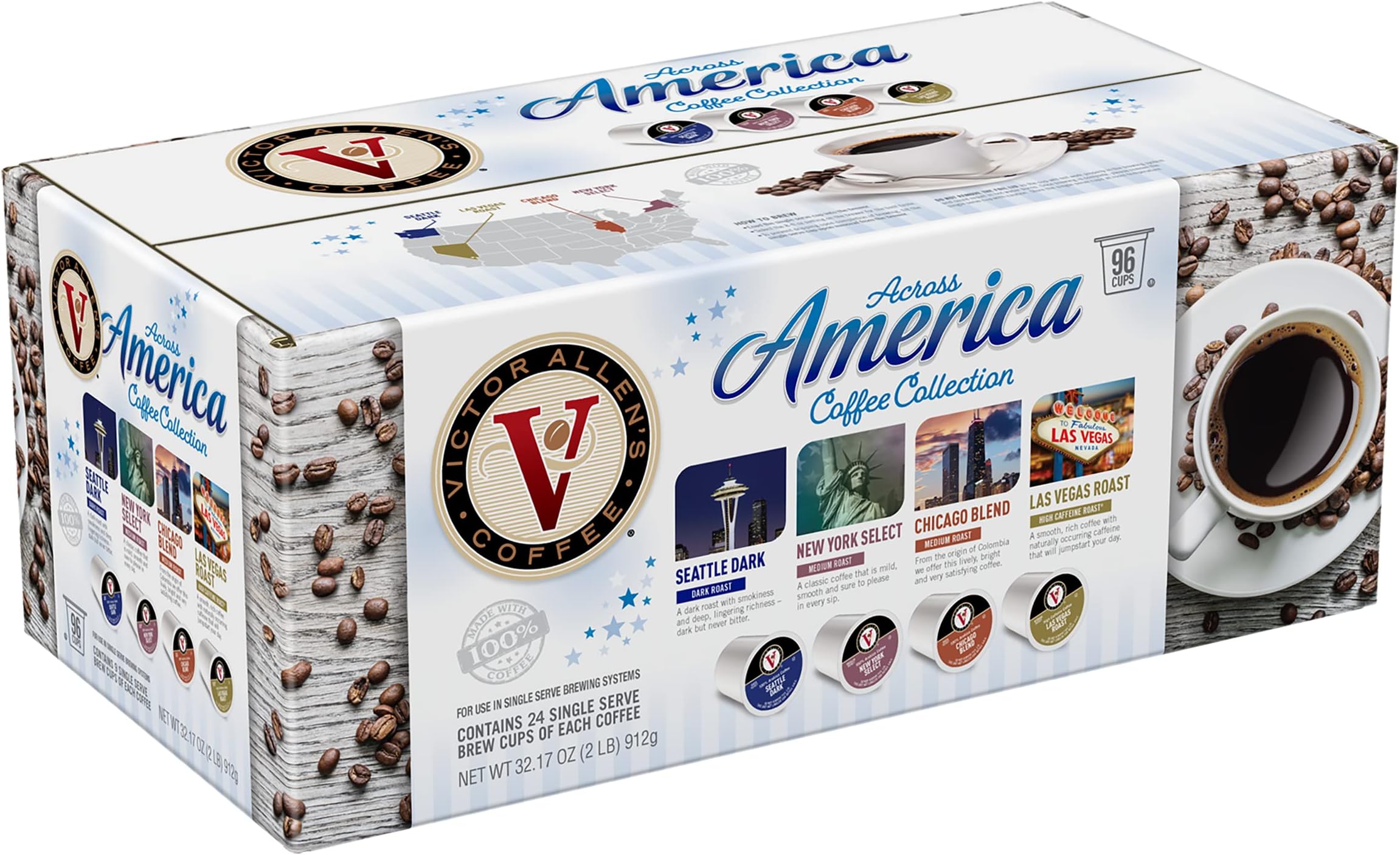 Victor Allen's Coffee Across America Variety Pack (Seattle Dark, New York Select, Chicago Blend, Las Vegas Roast), 96 Count, Single Serve Coffee Pods for Keurig K-Cup Brewers