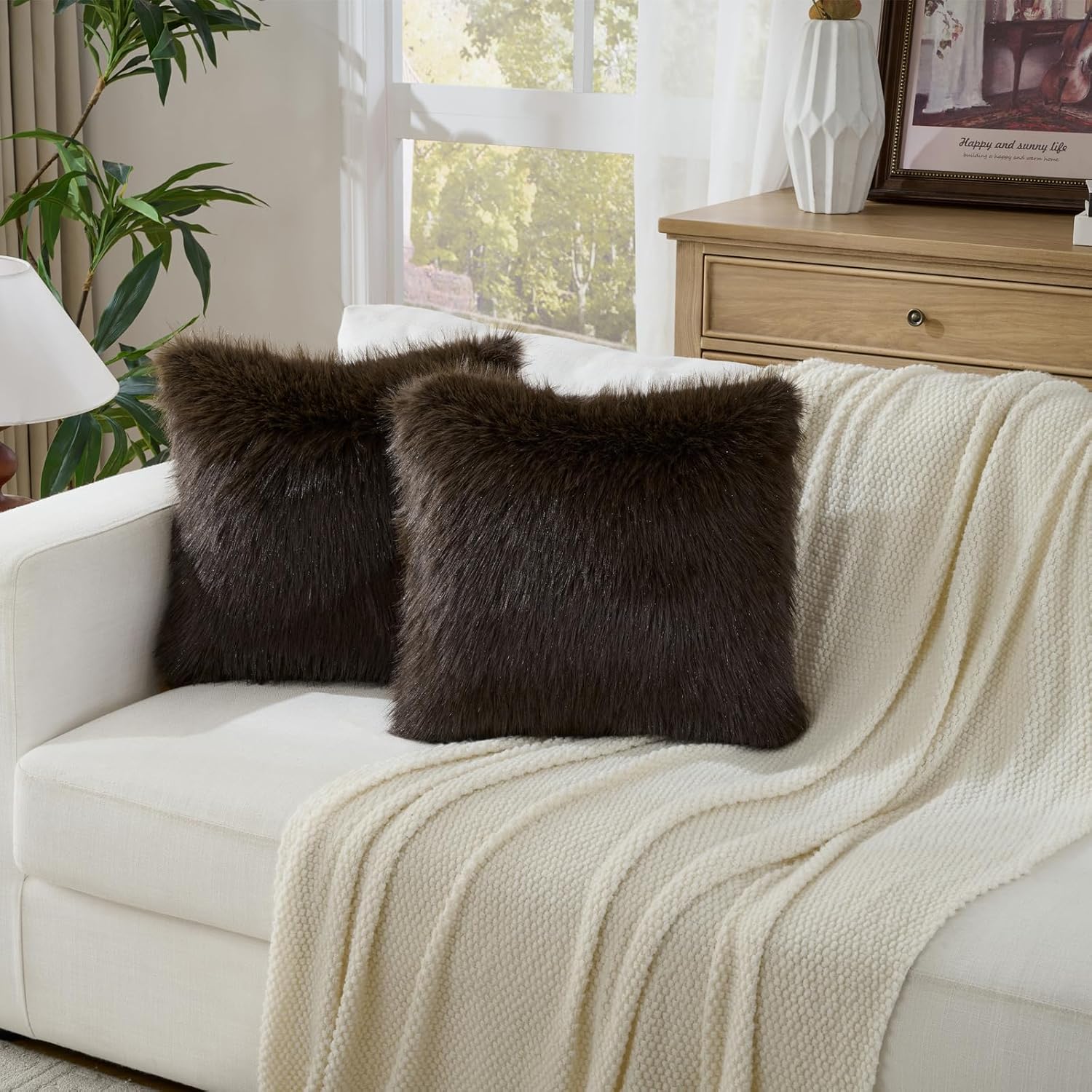 Set of 2 Decorative Throw Pillow Covers Luxury Fluffy Faux Fur Cozy Cushion Cover Pillowcase for Couch Sofa Bed Living Room Home Decor Brown-12 * 20inch