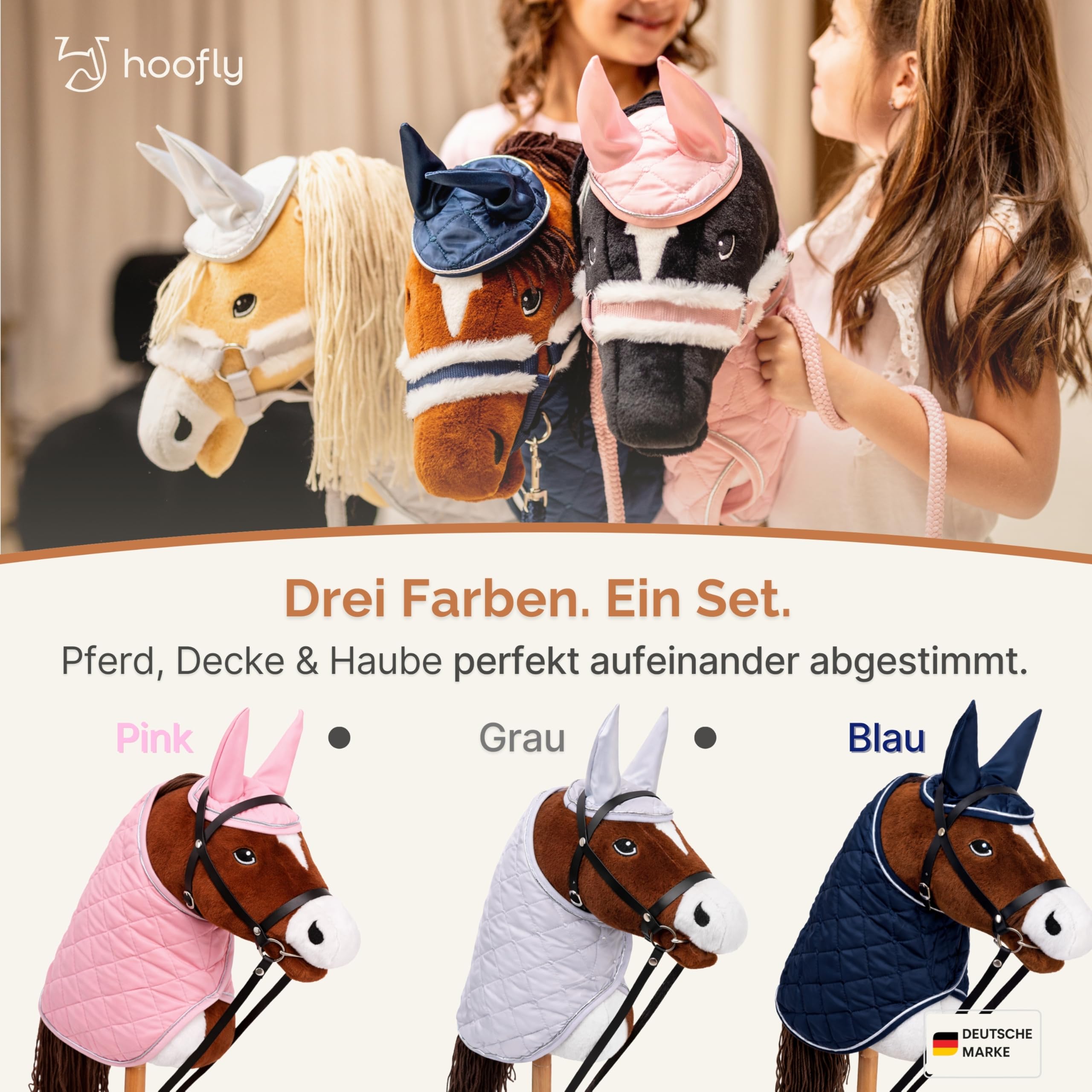 Hobby Horse Set – Großes Steckenpferd für Kinder mit Decke & Fliegenhaube | Komplettes Hobby Horsing Set mit Trense & 35 cm Schraubstab | Braunes Pferd – Blaues Zubehör