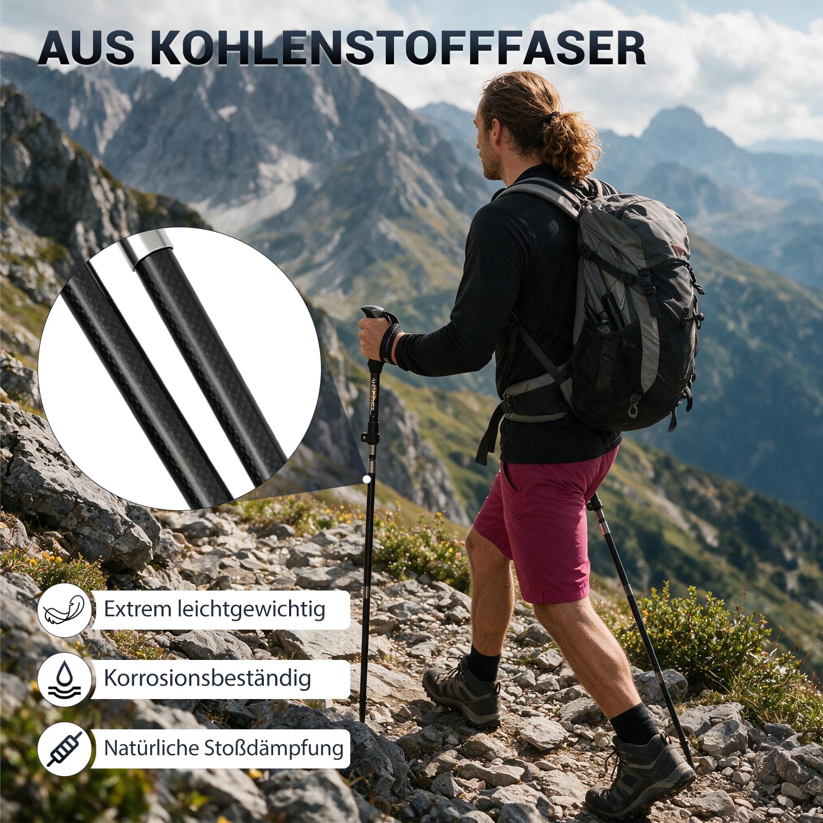 Bâtons de randonnée en carbone 3K de qualité supérieure - Ultralégers - 208 g - Bâtons de trekking réglables - 107-125 cm - Avec poignée en liège et extension EVA - Bâtons de marche nordique légers