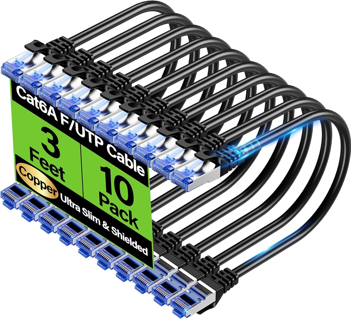 Cat6A Ethernet Cable Shielded 10Gbps 3 ft (10 Pack), Slim Shielded (F/UTP) Ethernet Cable Cat 6, Flexible 28AWG Bare Copper Cat6 Cable, Space-saving Cat 6a Network Cable for Server, Data Center, Black