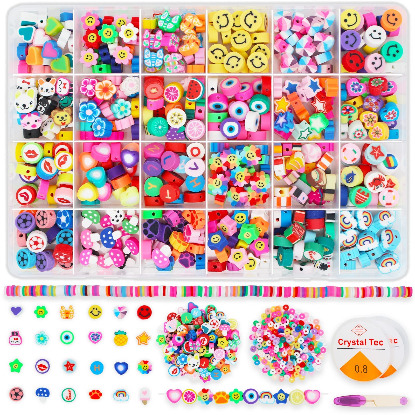 Mtanvxay 777 PCS Beads Fruit Flower Polymer Clay Beads, Preppy Clay Beads for DIY Jewelry Bracelets Making Kit, 25 Style Cute Smiley face Heart Clay Beads Charms, Accessories for Women Girls