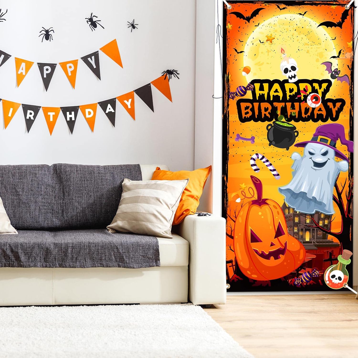 Remerry Halloween Birthday Door Cover Themed Decorations Wall Banners Decoration Front Indoor or Outdoor Home Party Decorations, 35.4 x 78.7 Inch