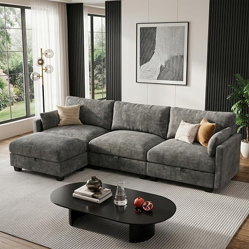 Modular Sectional Couches for Living Room, 101" L Shaped Sofa Couch | Storage, Movable Ottoman, Comfy, Removable Cover, Sturdy, Soft Cushion, Easy Assembly, Dark Gray, Chenille