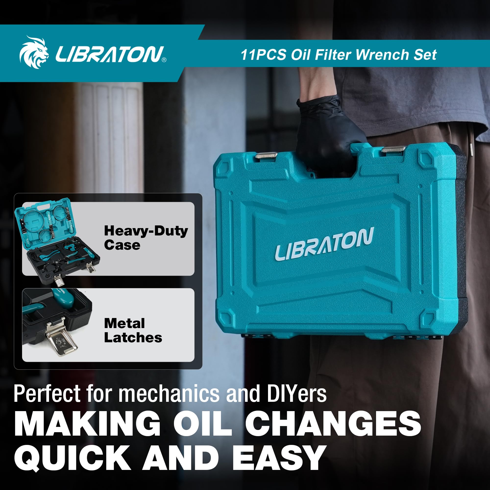 LIBRATON Juego 11 Piezas Llaves Filtro Aceite, con 4 Llaves Banda Giratorias (7-13.3cm), Alicates Ajustables 30,5cm, Herramienta Extracción 3 Mordazas Universal con Adaptador 1/2" a 3/8", Llave Correa
