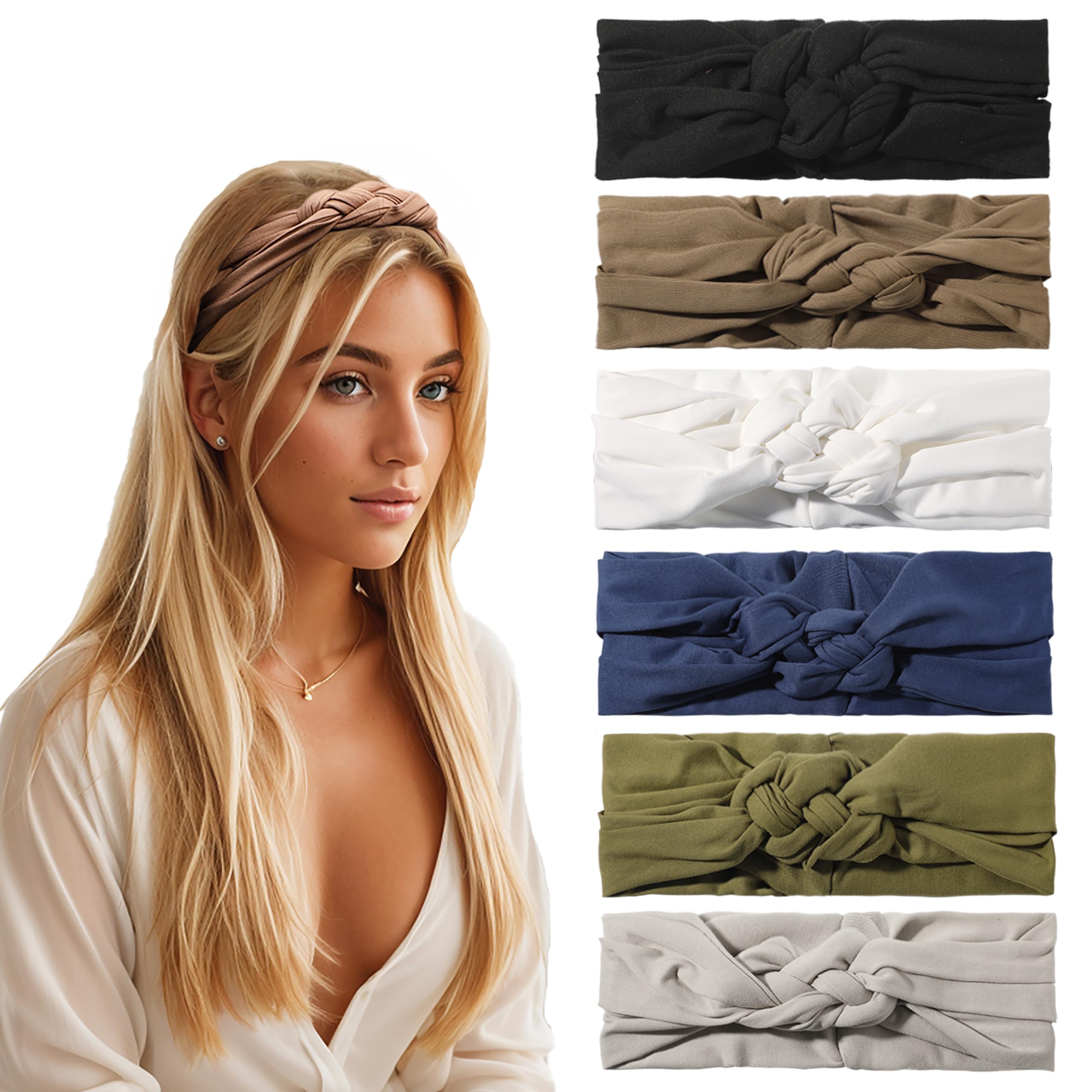 Vercret Diademas para mujer con nudo marinero, anchas, elásticas, ajustables, dobles, trenzadas, antideslizantes, bohemias, elásticas, turbantes, para yoga, entrenamiento, color sólido, 6 unidades