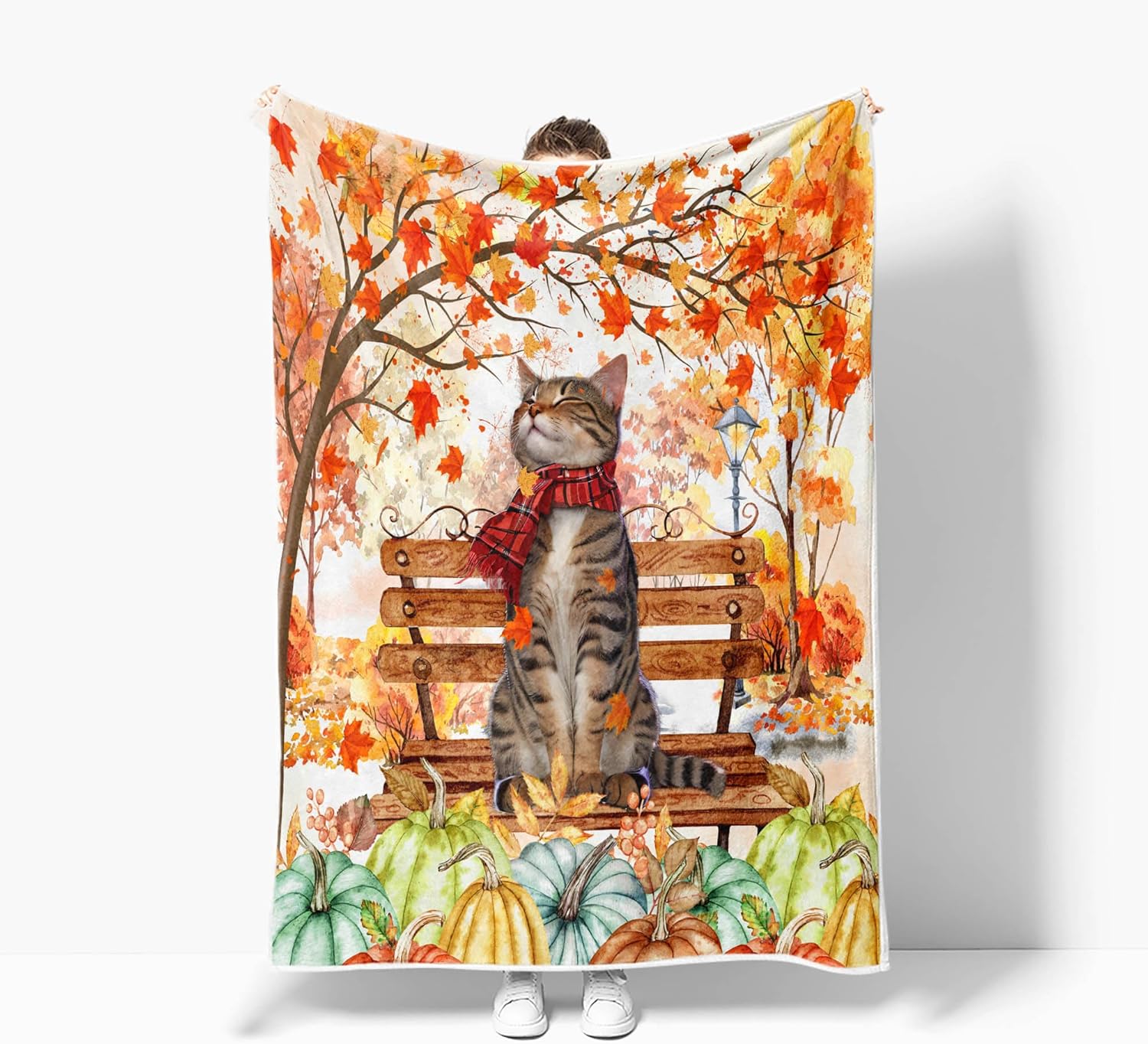 Torich Fall Cat Throw Blankets, Autumn Pumpkin Maple Leaves Funny Thanksgiving Cozy Warm Bed Couch Blanket, Country Forest White Fleece Flannel Throws to Decorate The Room and Bedroom