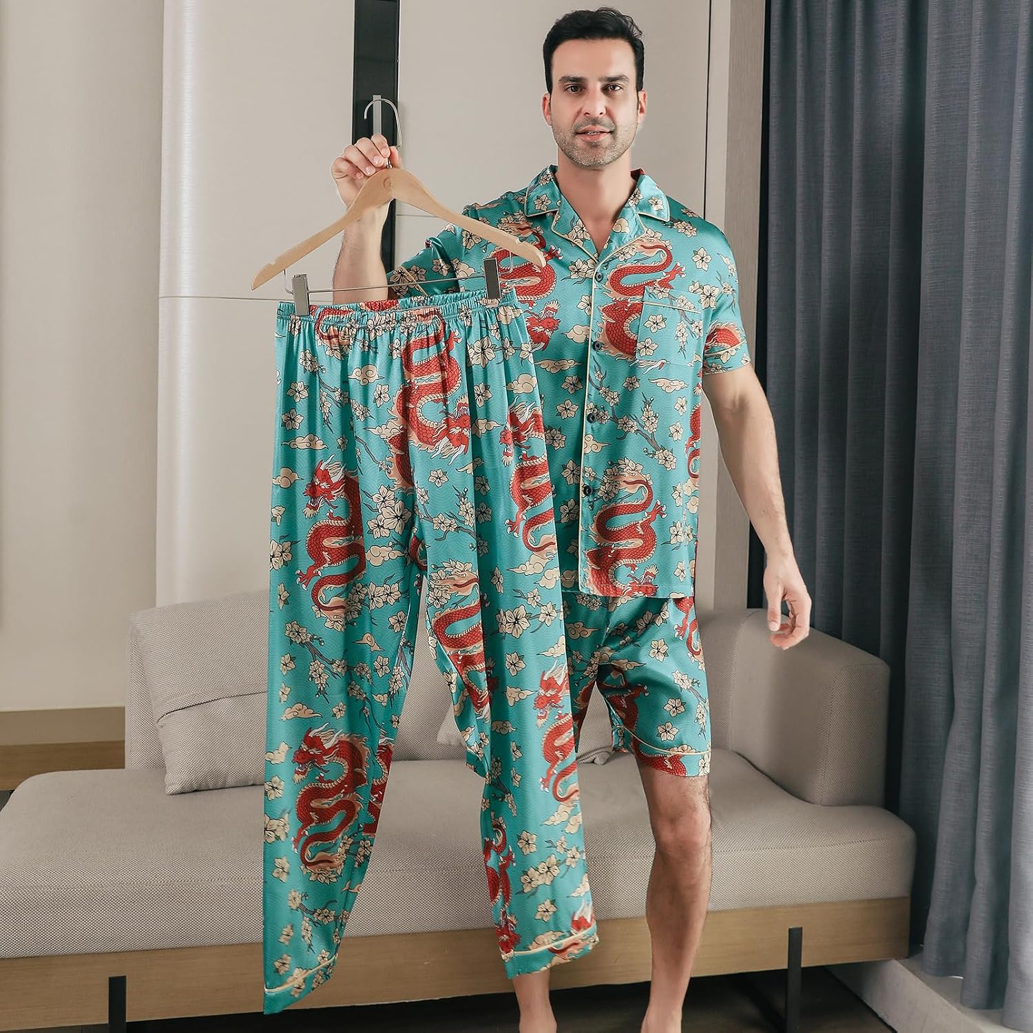 Men's Satin Pajama Set Short Sleeve Silky Pajamas Pants 3PCS Button Down Sleepwear Multicolor Silky Men's Pajama Set